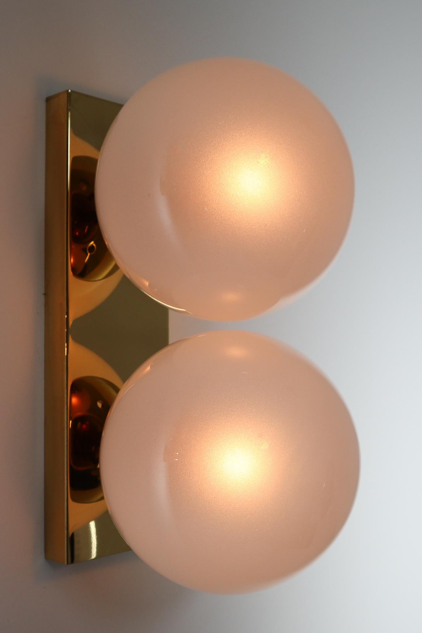 Mid-20th Century Brass Wall/Ceiling Lights White Frosted Glass Globes, 1960s For Sale 2