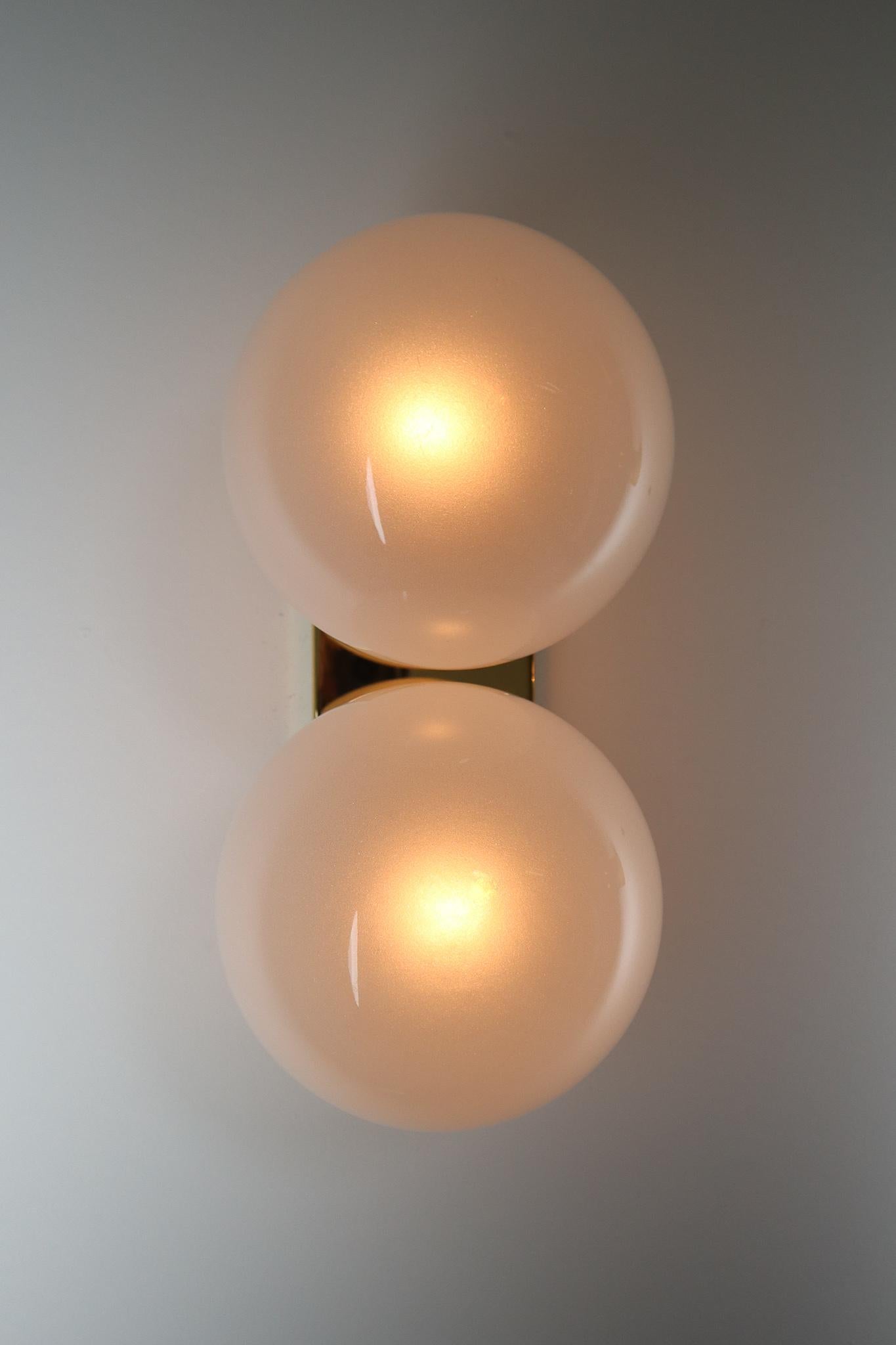 Mid-20th Century Brass Wall/Ceiling Lights White Frosted Glass Globes, 1960s For Sale 3