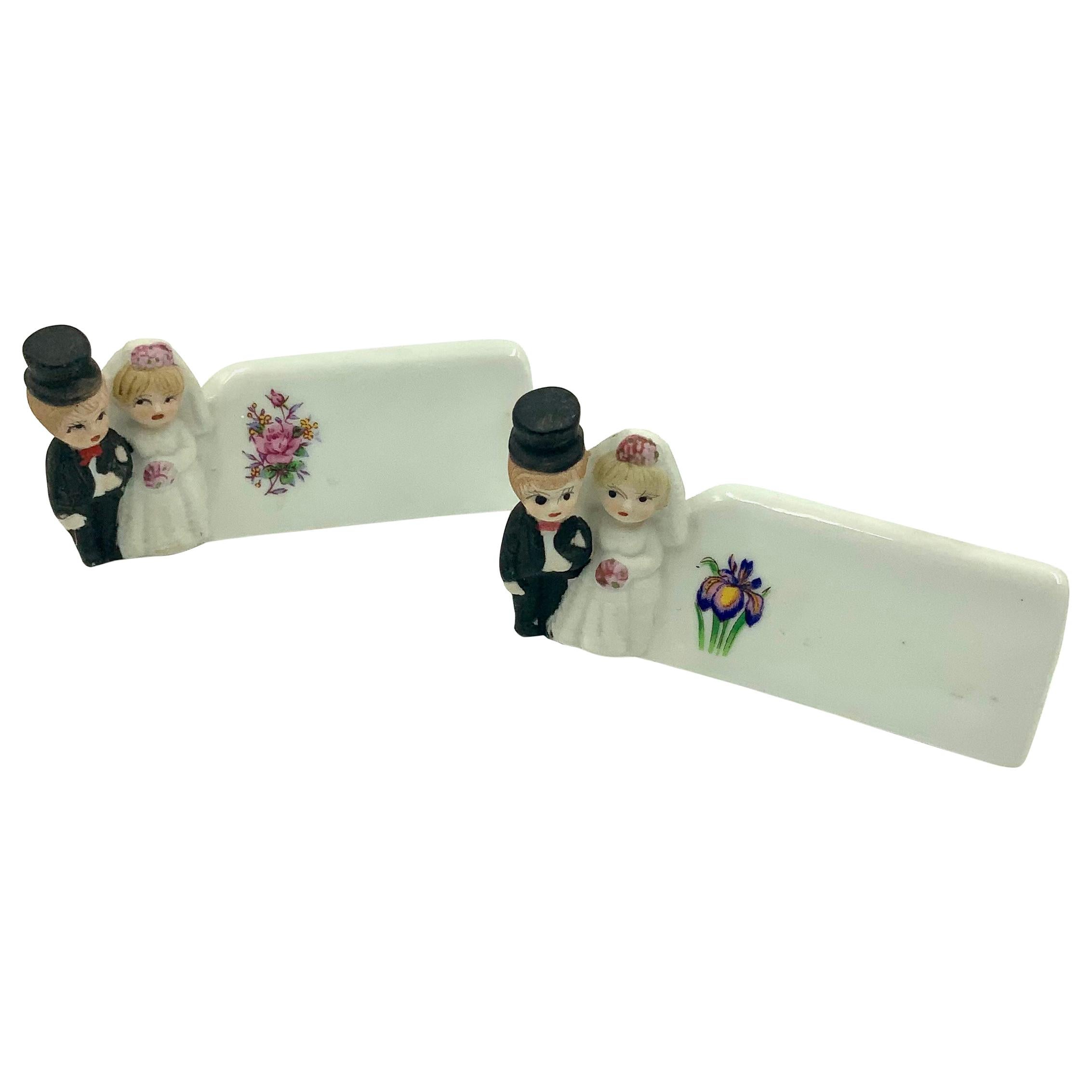 Mid 20th Century Bride and Groom Porcelain Place Card Holders Placecards as is For Sale