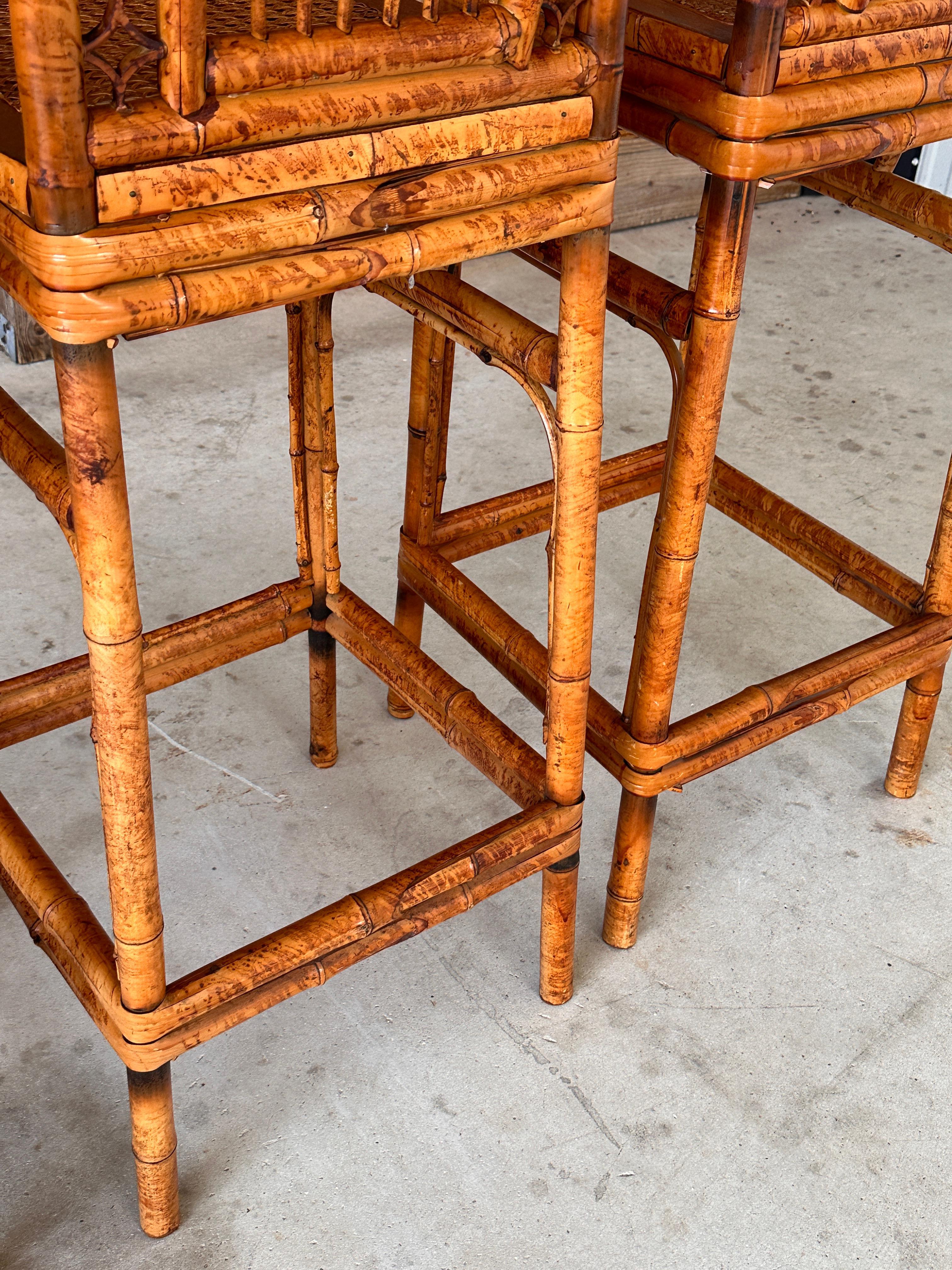 Mid-20th Century Brighton Pavilion Scorched Bamboo Cane Bar Stools-set of 3 5