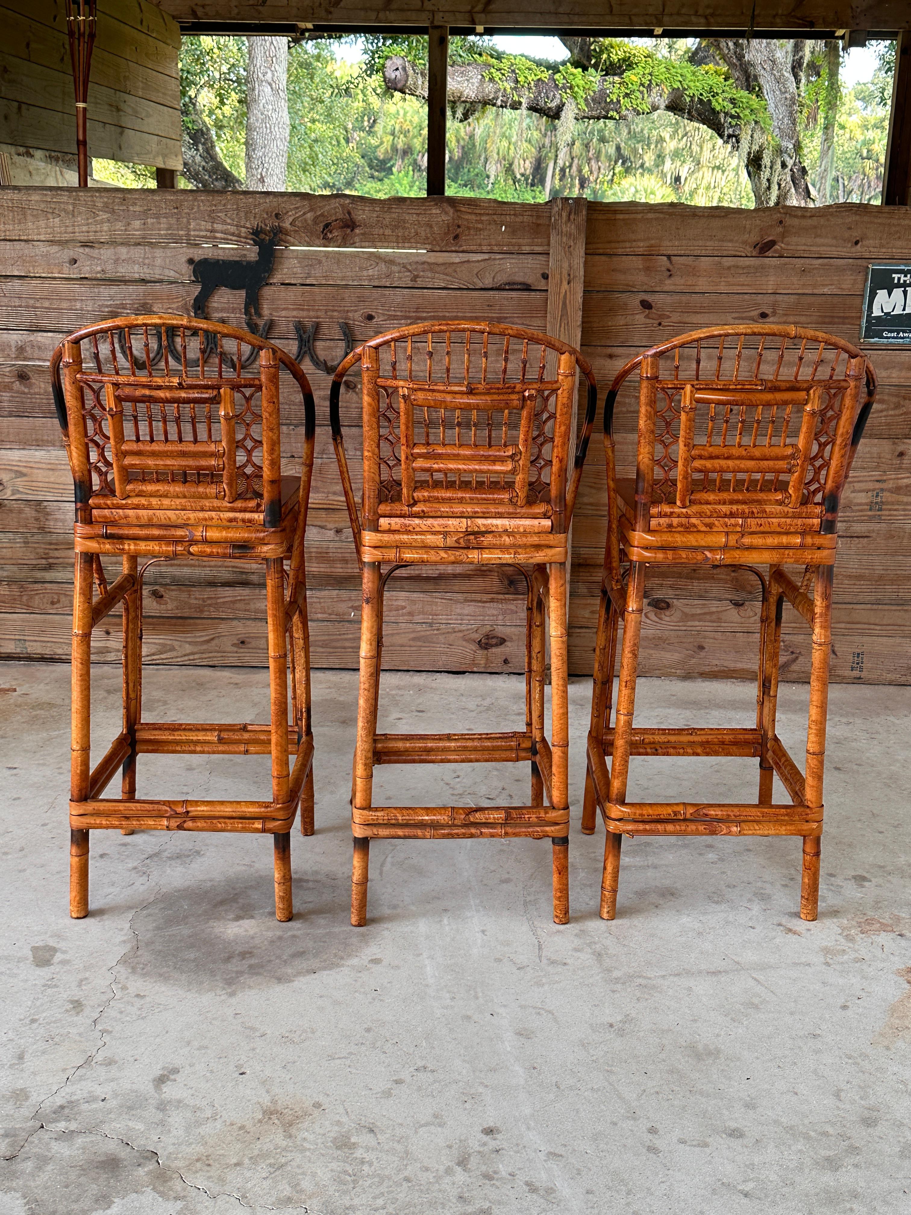 Mid-20th Century Brighton Pavilion Scorched Bamboo Cane Bar Stools-set of 3 6