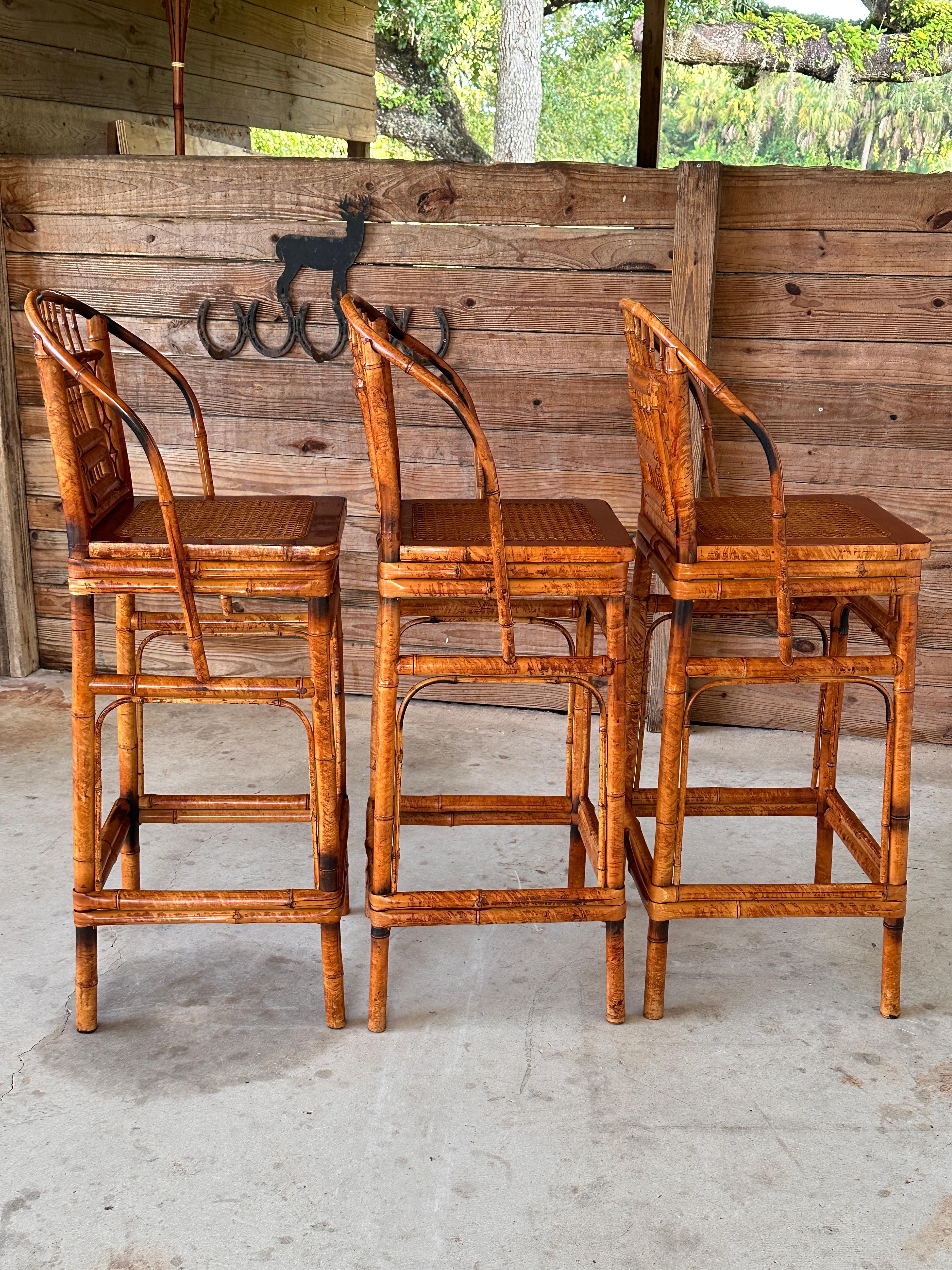 Mid-20th Century Brighton Pavilion Scorched Bamboo Cane Bar Stools-set of 3 8