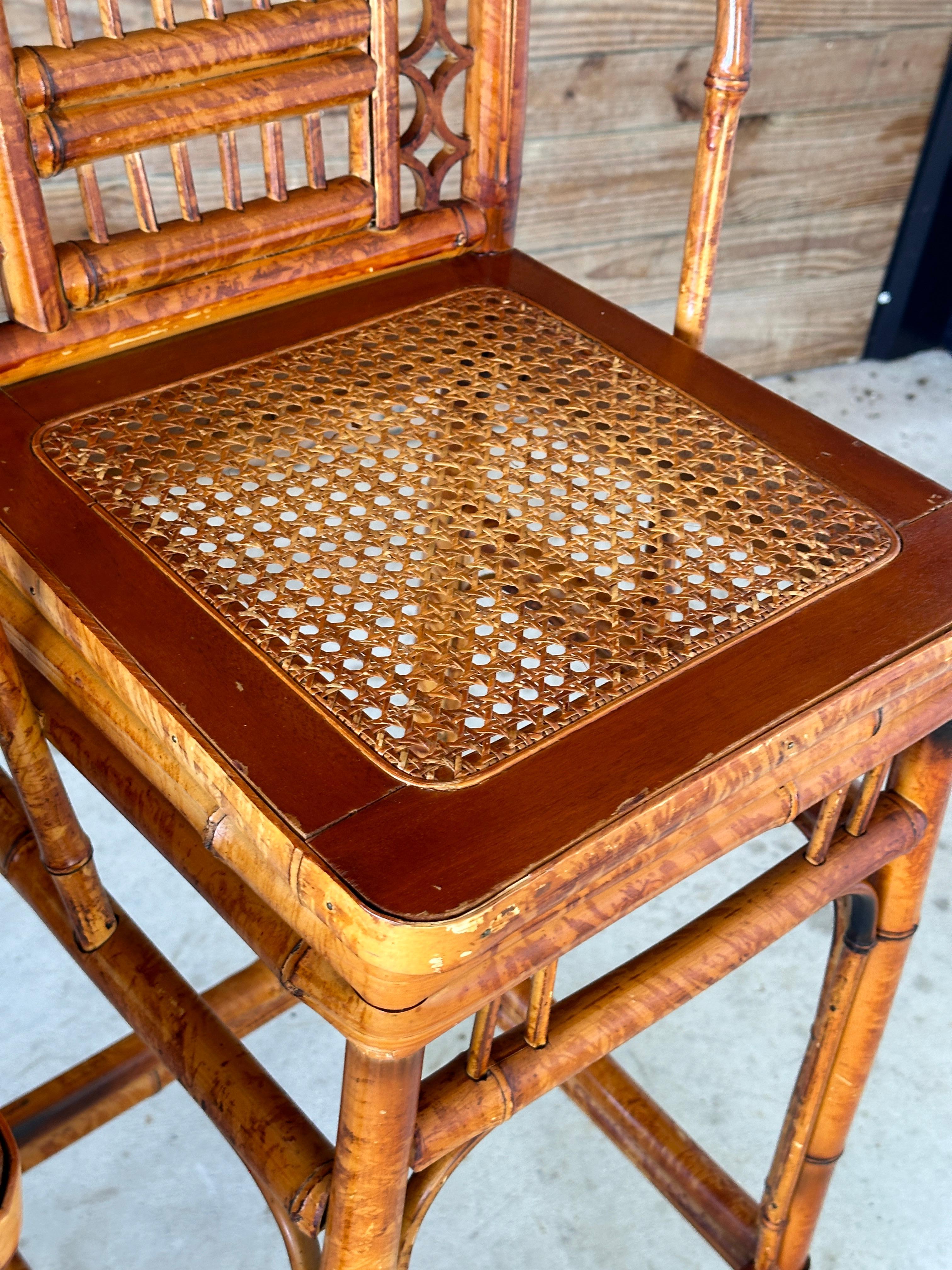 Mid-20th Century Brighton Pavilion Scorched Bamboo Cane Bar Stools-set of 3 9