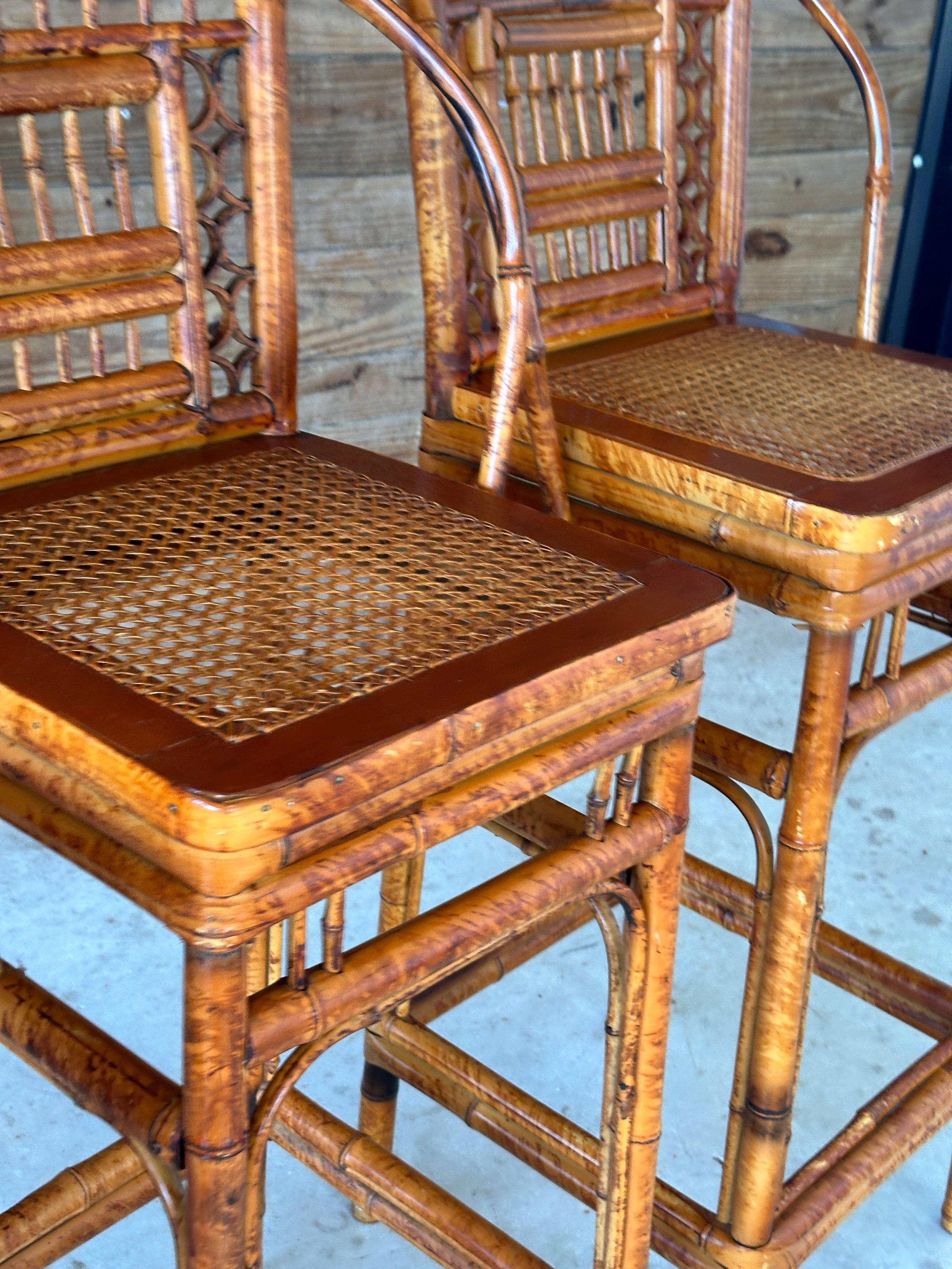 Mid-20th Century Brighton Pavilion Scorched Bamboo Cane Bar Stools-set of 3 11