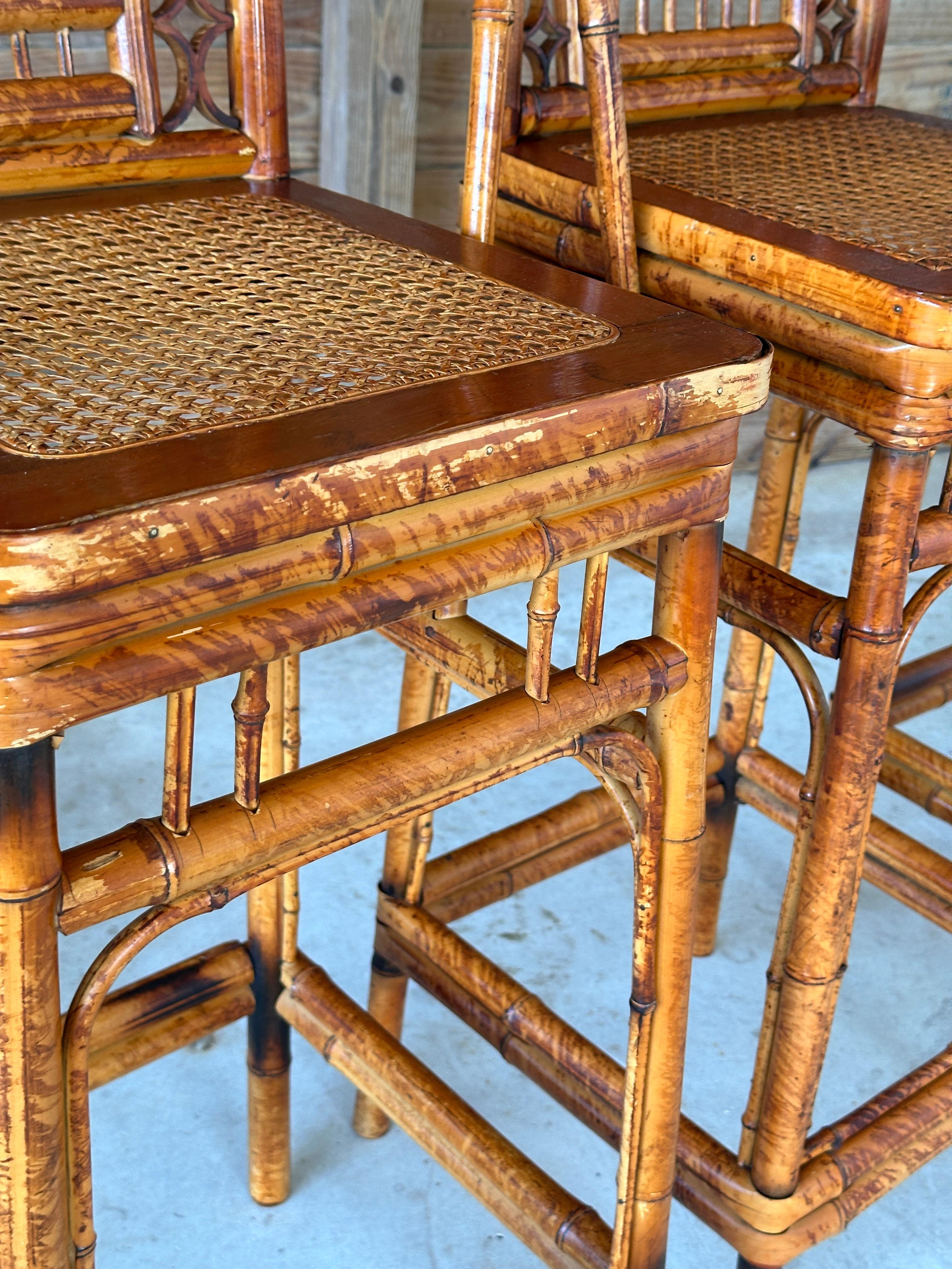 Mid-20th Century Brighton Pavilion Scorched Bamboo Cane Bar Stools-set of 3 12