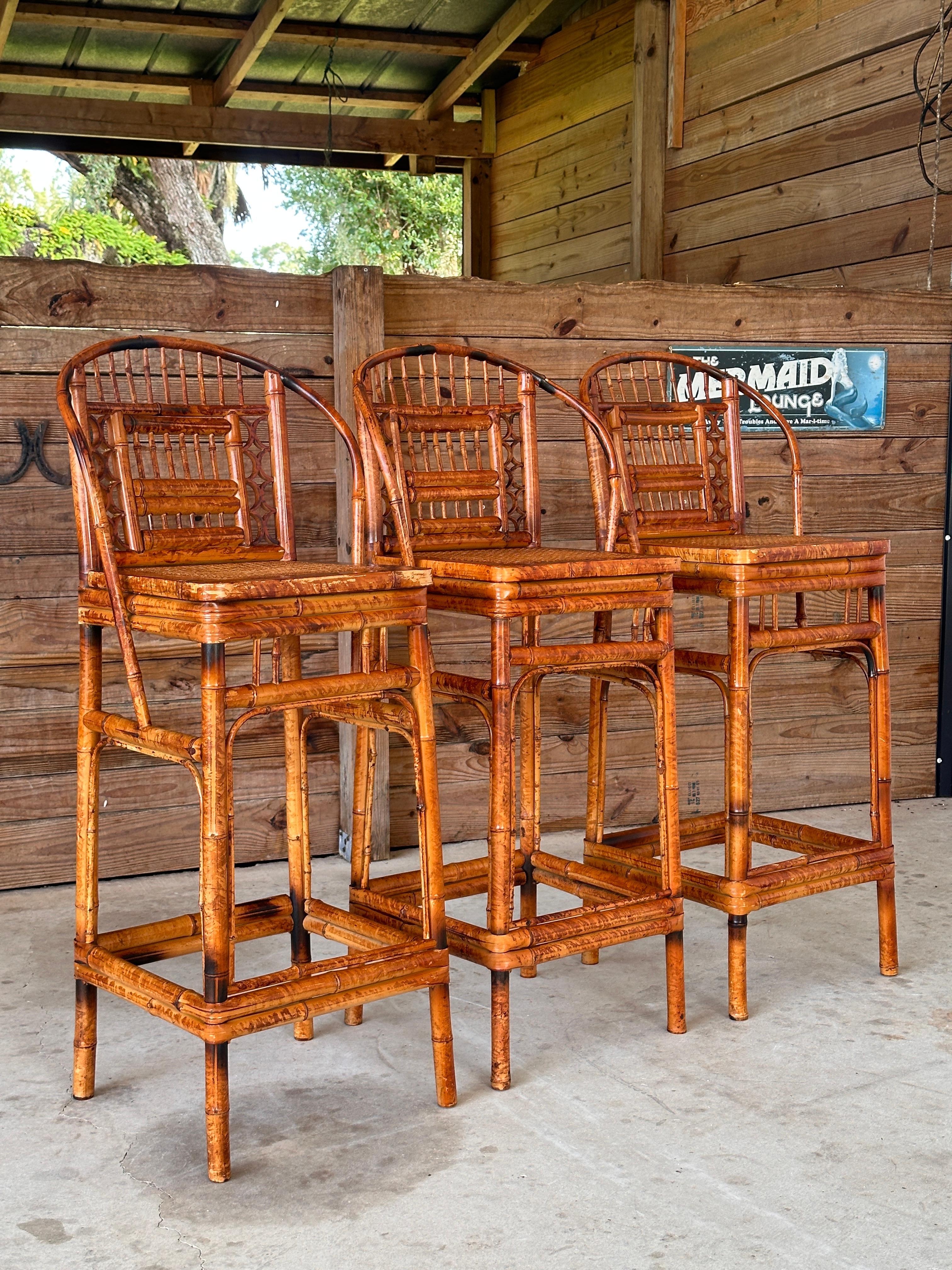 Mid-20th Century Brighton Pavilion Scorched Bamboo Cane Bar Stools-set of 3 13