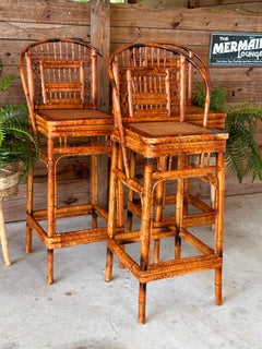Mid-20th Century Brighton Pavilion Scorched Bamboo Cane Bar Stools-set of 3