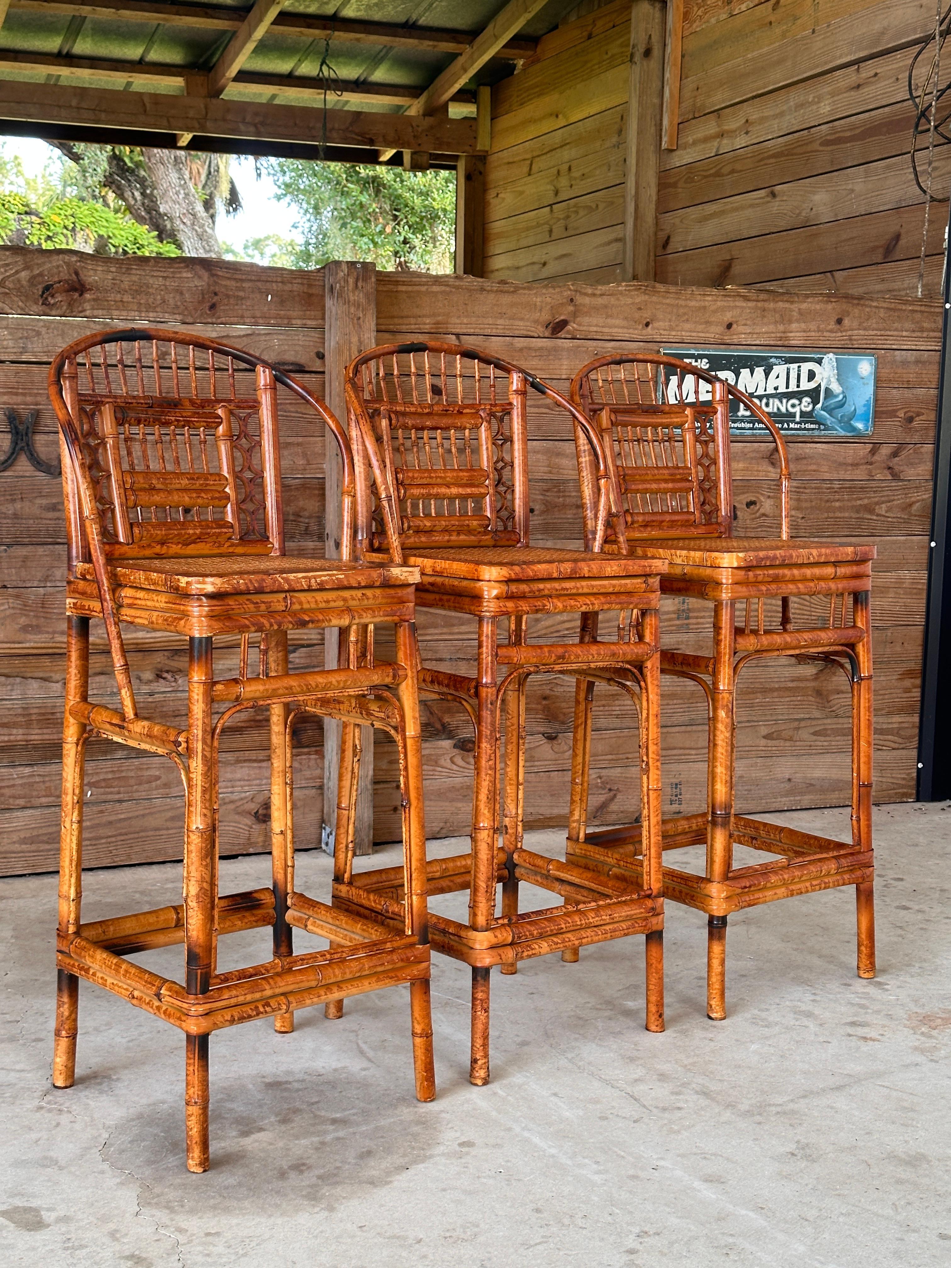 Mid-20th Century Brighton Pavilion Scorched Bamboo Cane Bar Stools-set of 3 14