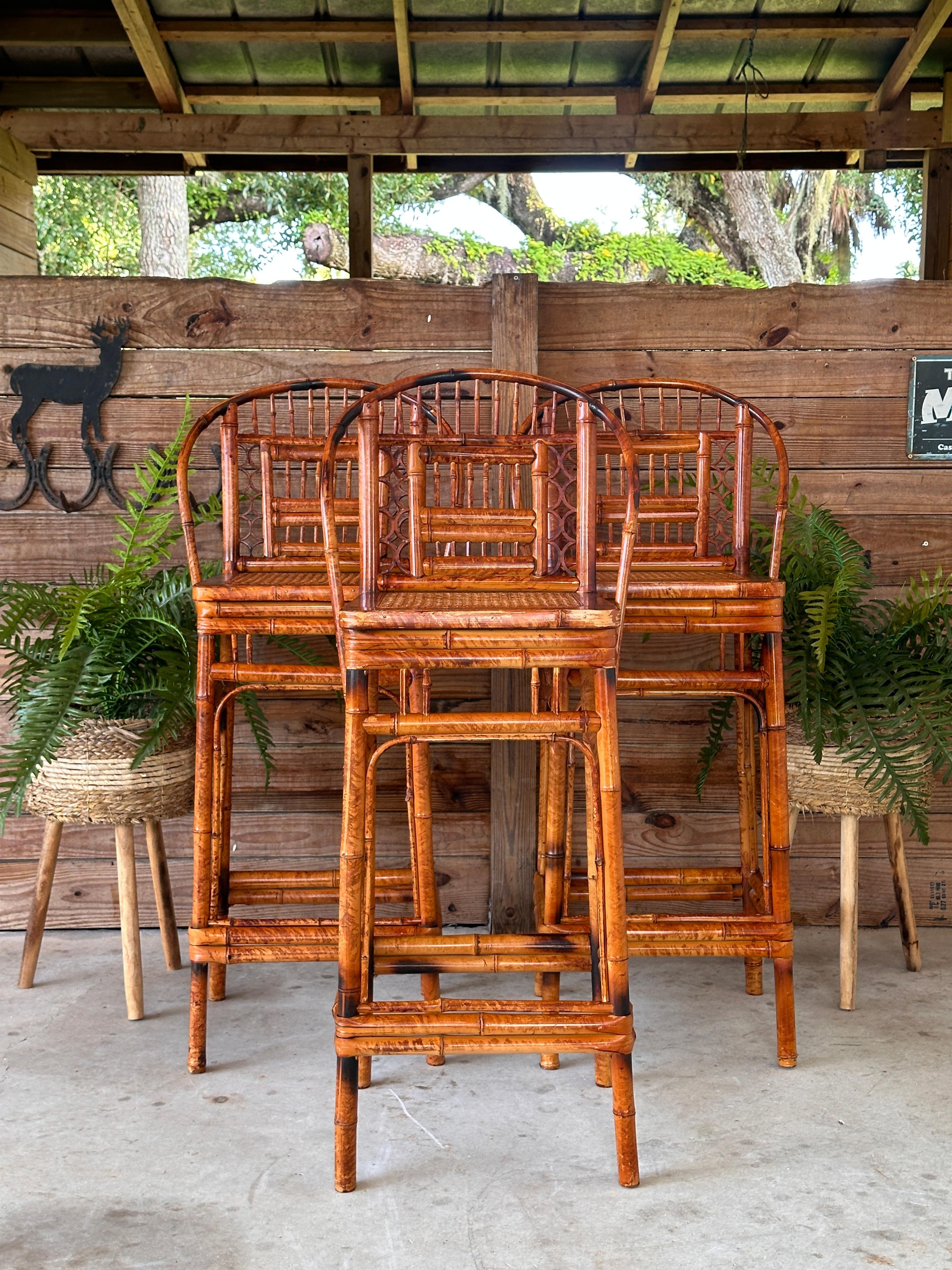 British Colonial Mid-20th Century Brighton Pavilion Scorched Bamboo Cane Bar Stools-set of 3