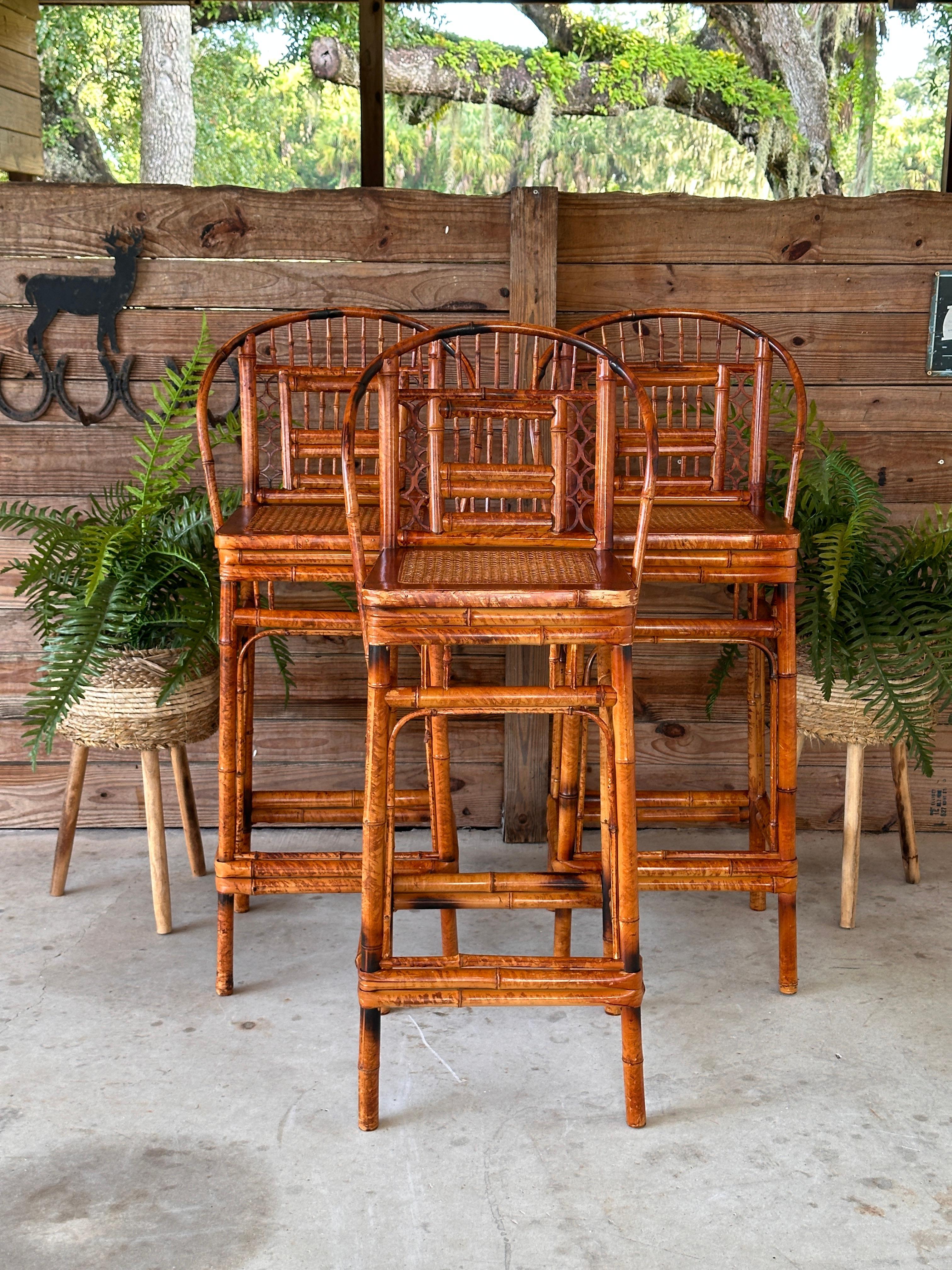 Unknown Mid-20th Century Brighton Pavilion Scorched Bamboo Cane Bar Stools-set of 3