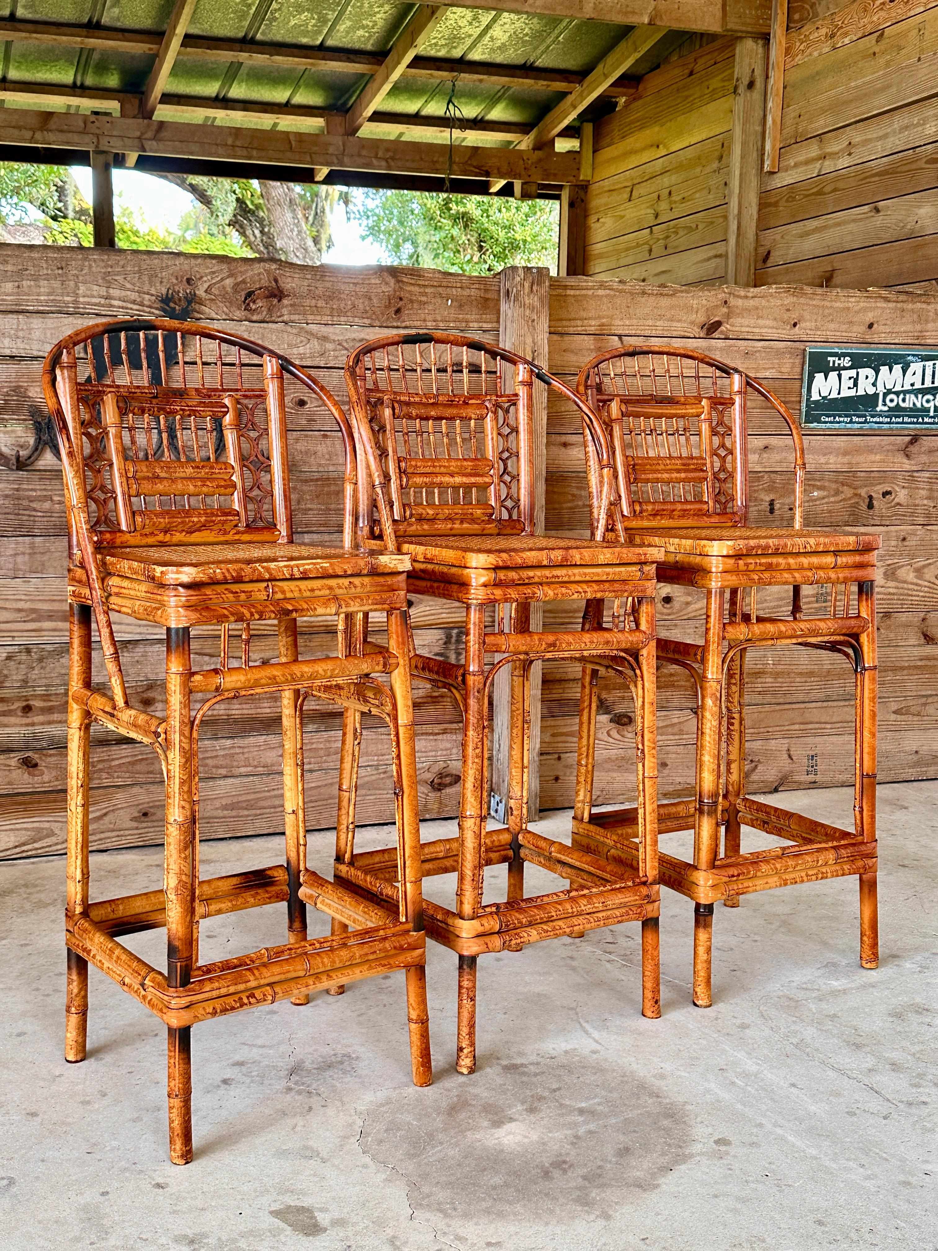 Mid-20th Century Brighton Pavilion Scorched Bamboo Cane Bar Stools-set of 3 In Good Condition In North Fort Myers, FL