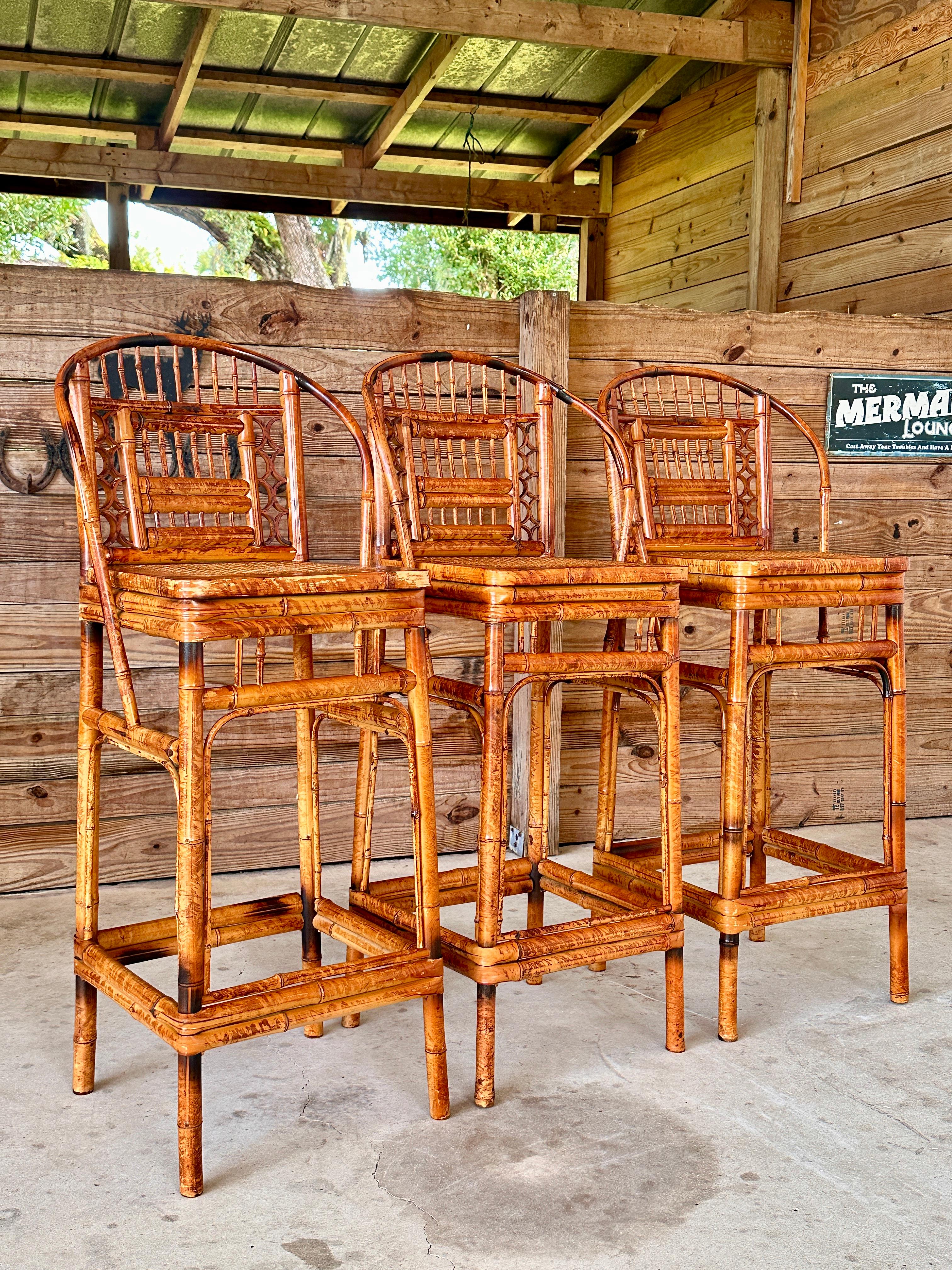 Mid-20th Century Brighton Pavilion Scorched Bamboo Cane Bar Stools-set of 3 1
