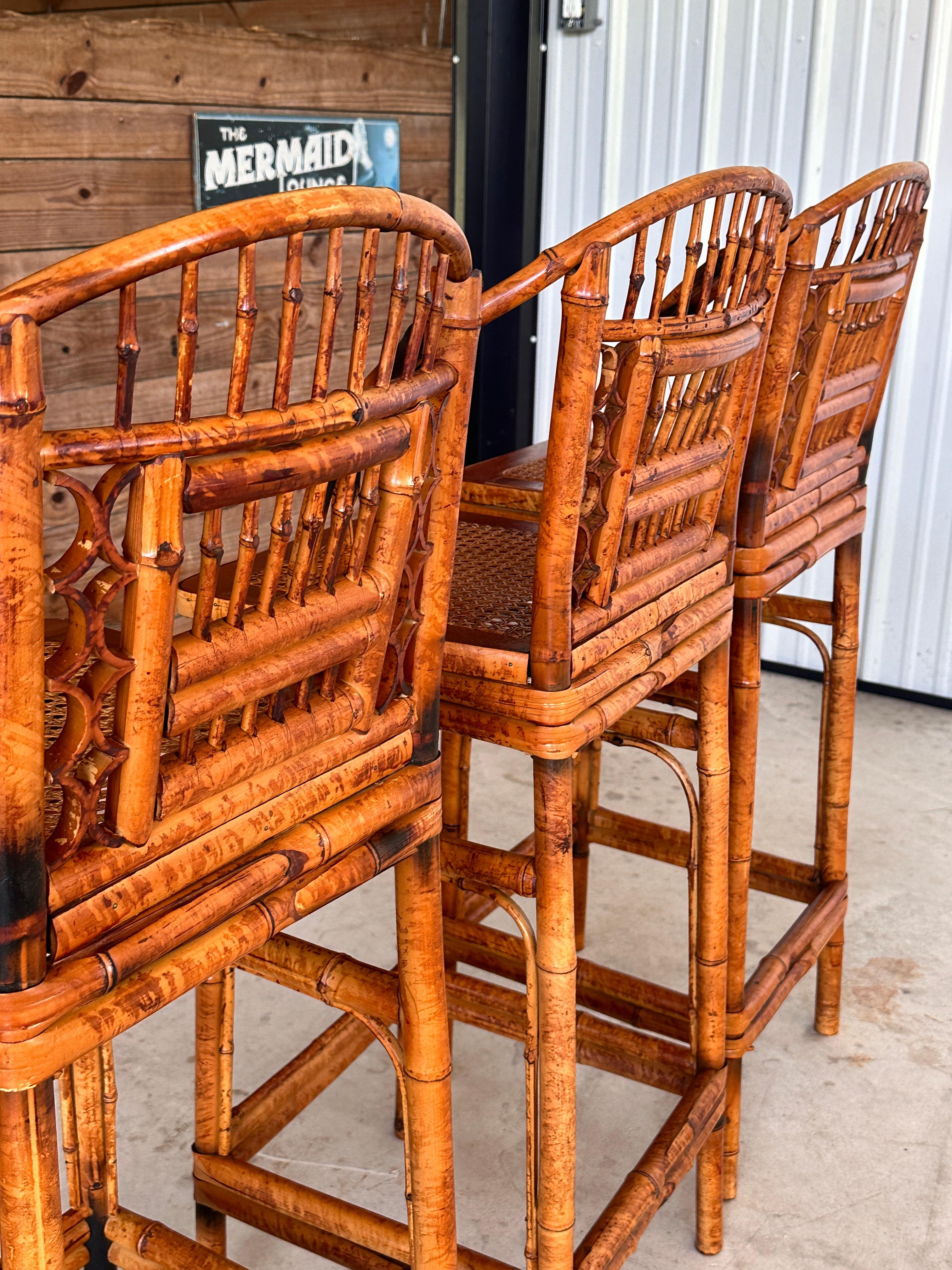 Mid-20th Century Brighton Pavilion Scorched Bamboo Cane Bar Stools-set of 3 3