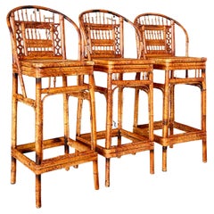Mid-20th Century Brighton Pavilion Scorched Bamboo Cane Bar Stools-set of 3