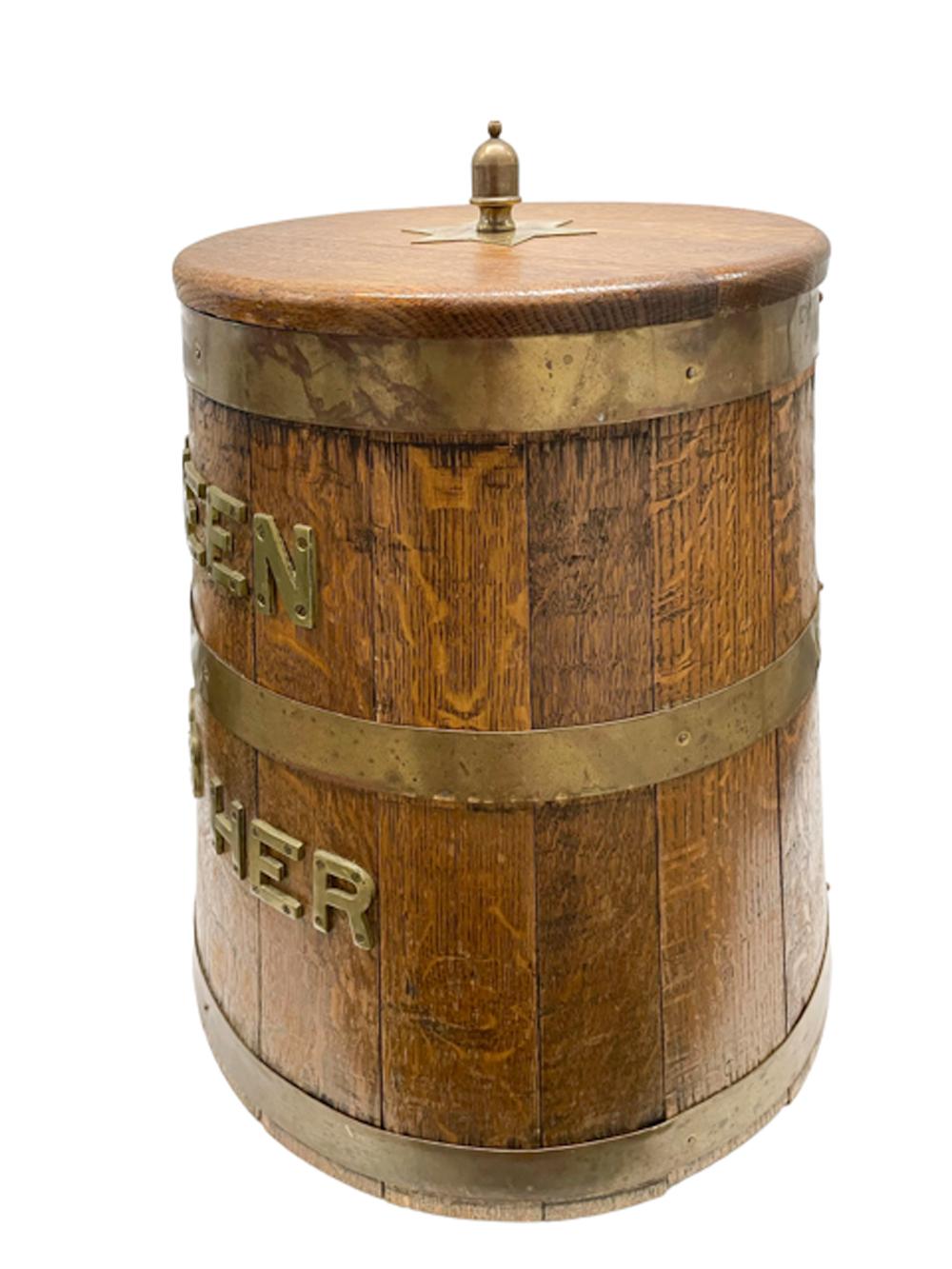 Campaign Mid 20th Century British Royal Navy Brass Bound Oak Grog Barrel w/Brass Letters For Sale