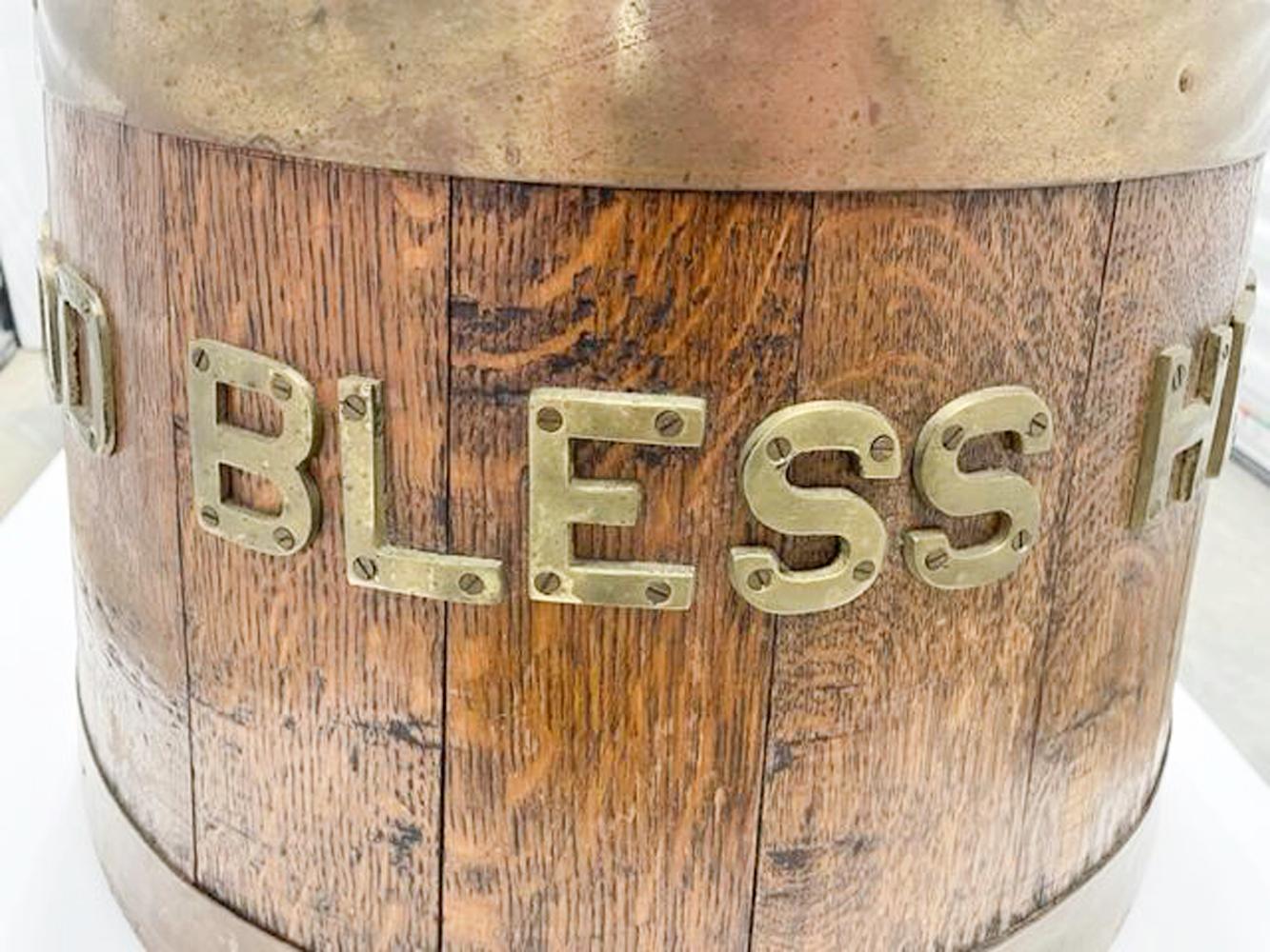 Mid 20th Century British Royal Navy Brass Bound Oak Grog Barrel w/Brass Letters For Sale 3