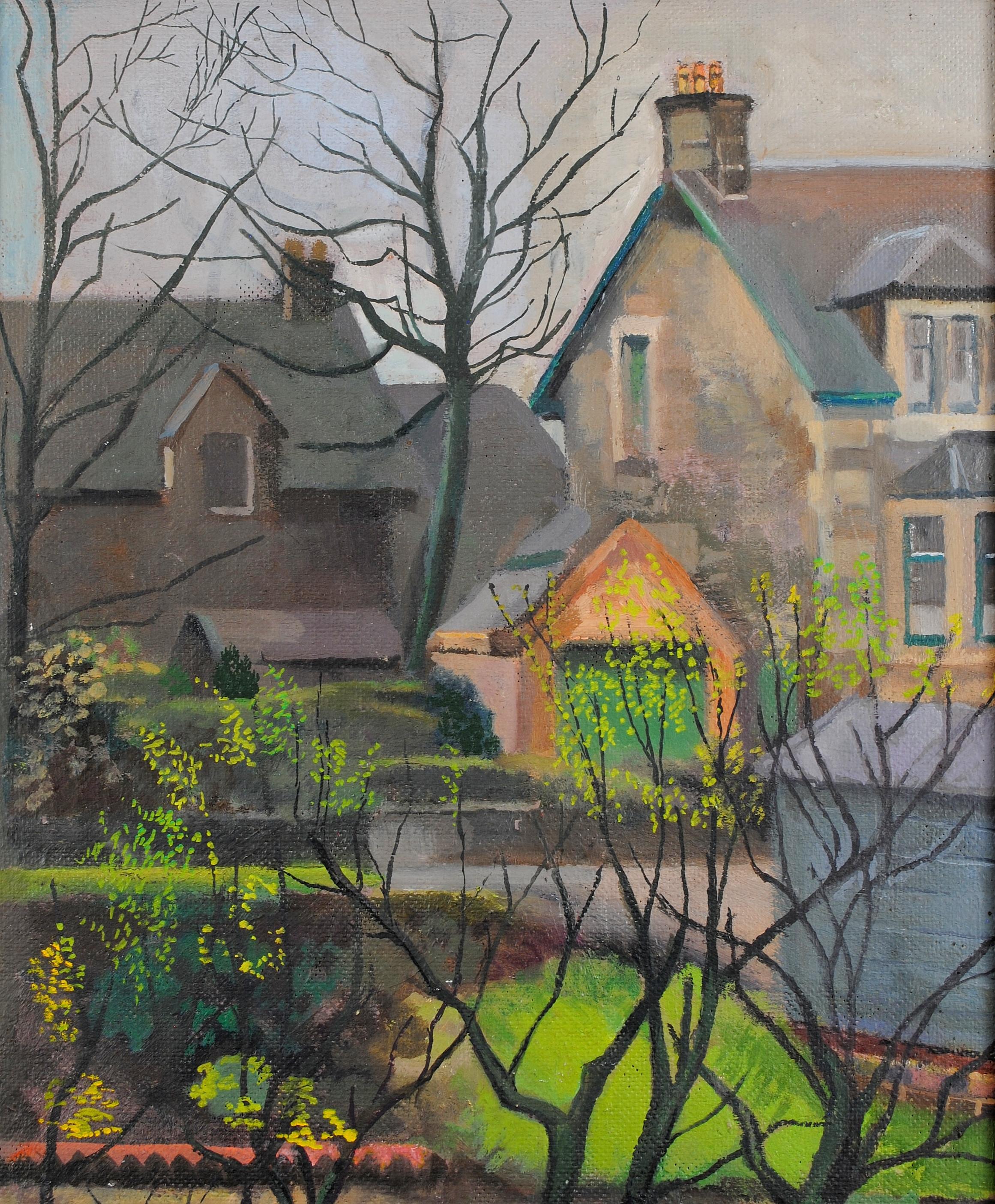 Vue d'un jardin - Peinture à l'huile sur toile britannique moderne du milieu du 20e siècle - Marron Landscape Painting par Mid 20th Century British School