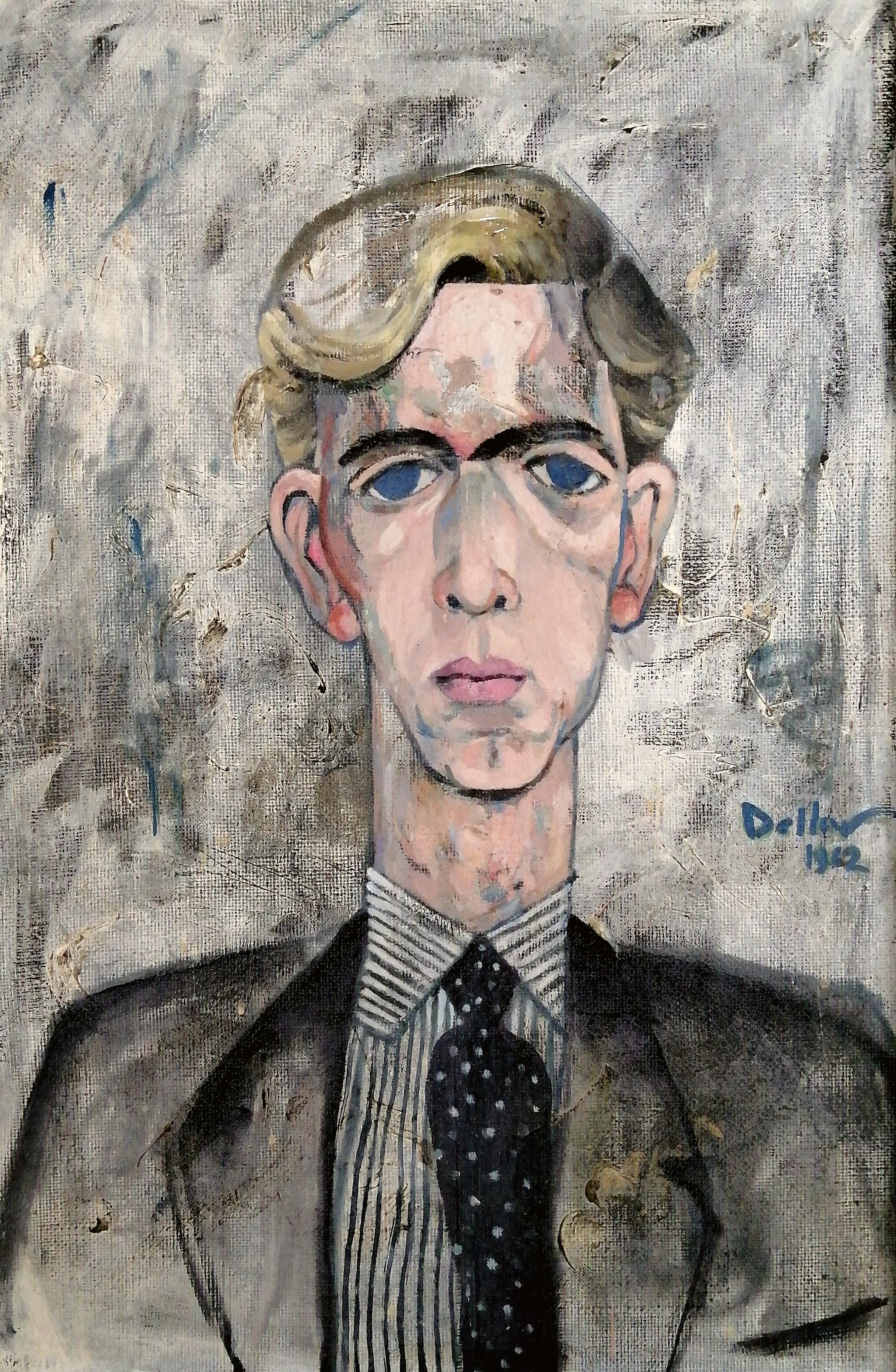 Retrato de un hombre joven - Gran pintura figurativa Modern British al óleo sobre lienzo - Painting de Mid 20th Century British School