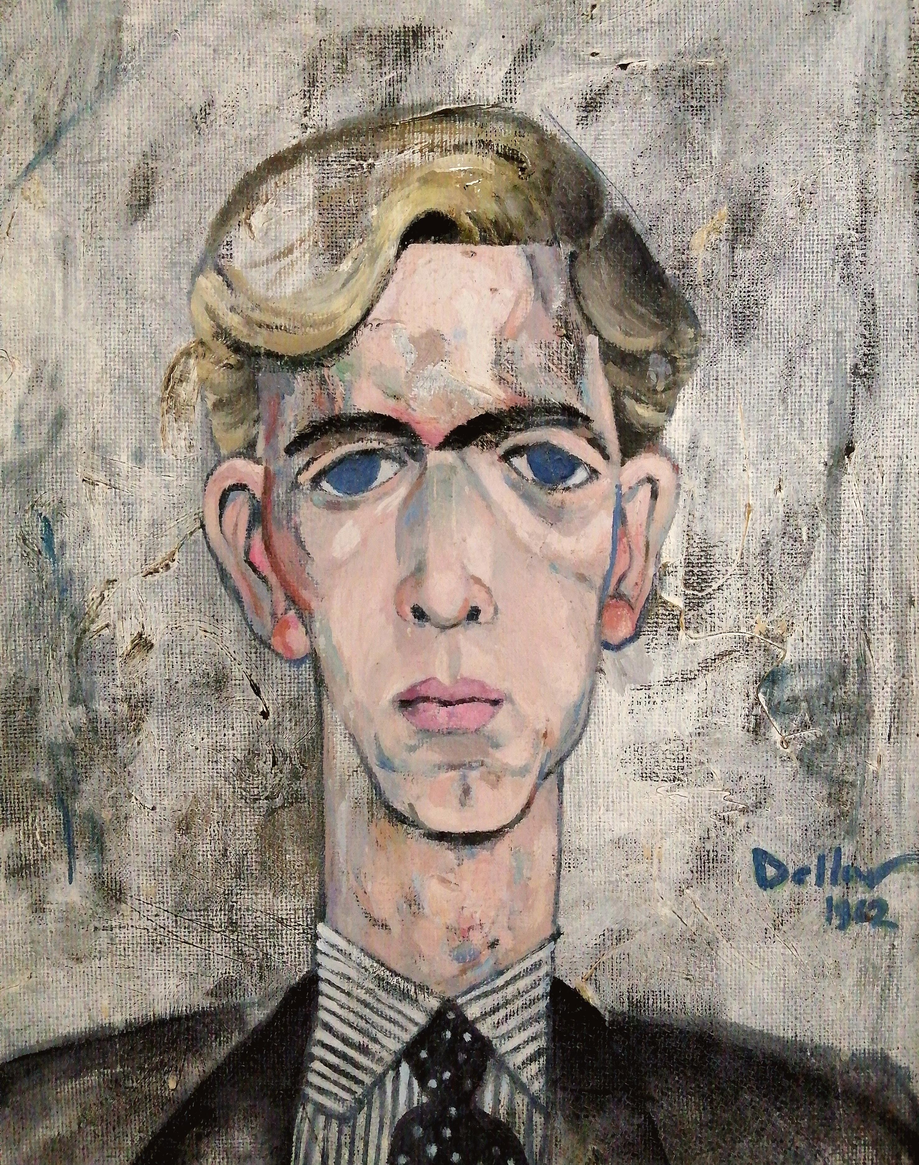 Retrato de un hombre joven - Gran pintura figurativa Modern British al óleo sobre lienzo - Figurative Painting Beige de Mid 20th Century British School