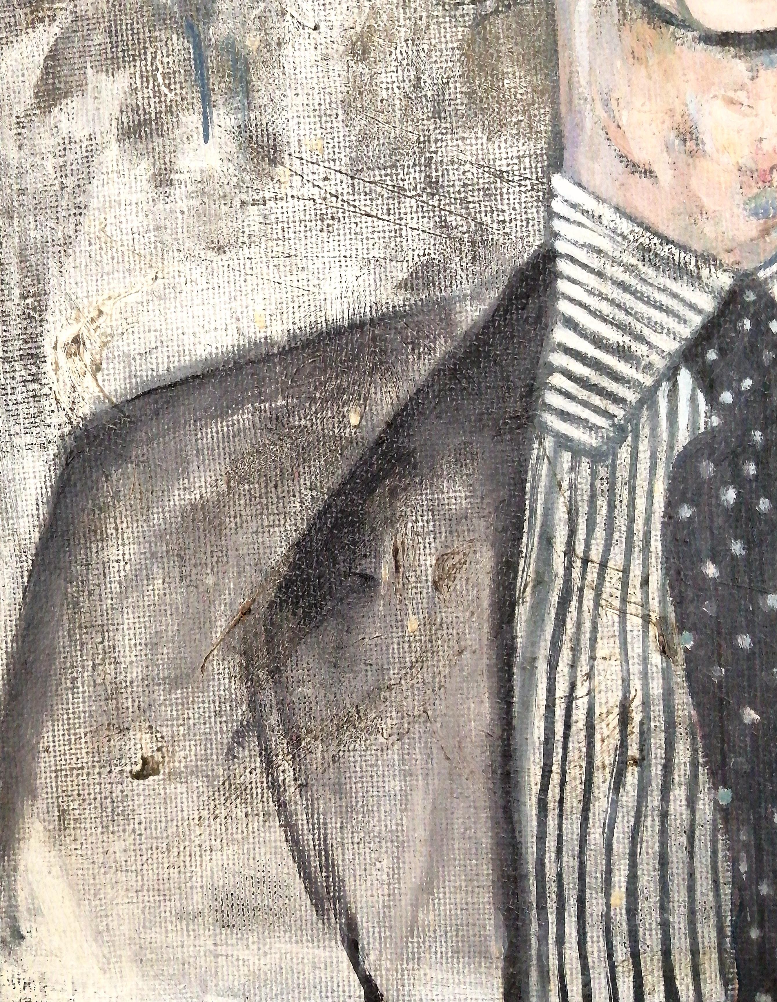 Retrato de un hombre joven - Gran pintura figurativa Modern British al óleo sobre lienzo en venta 4