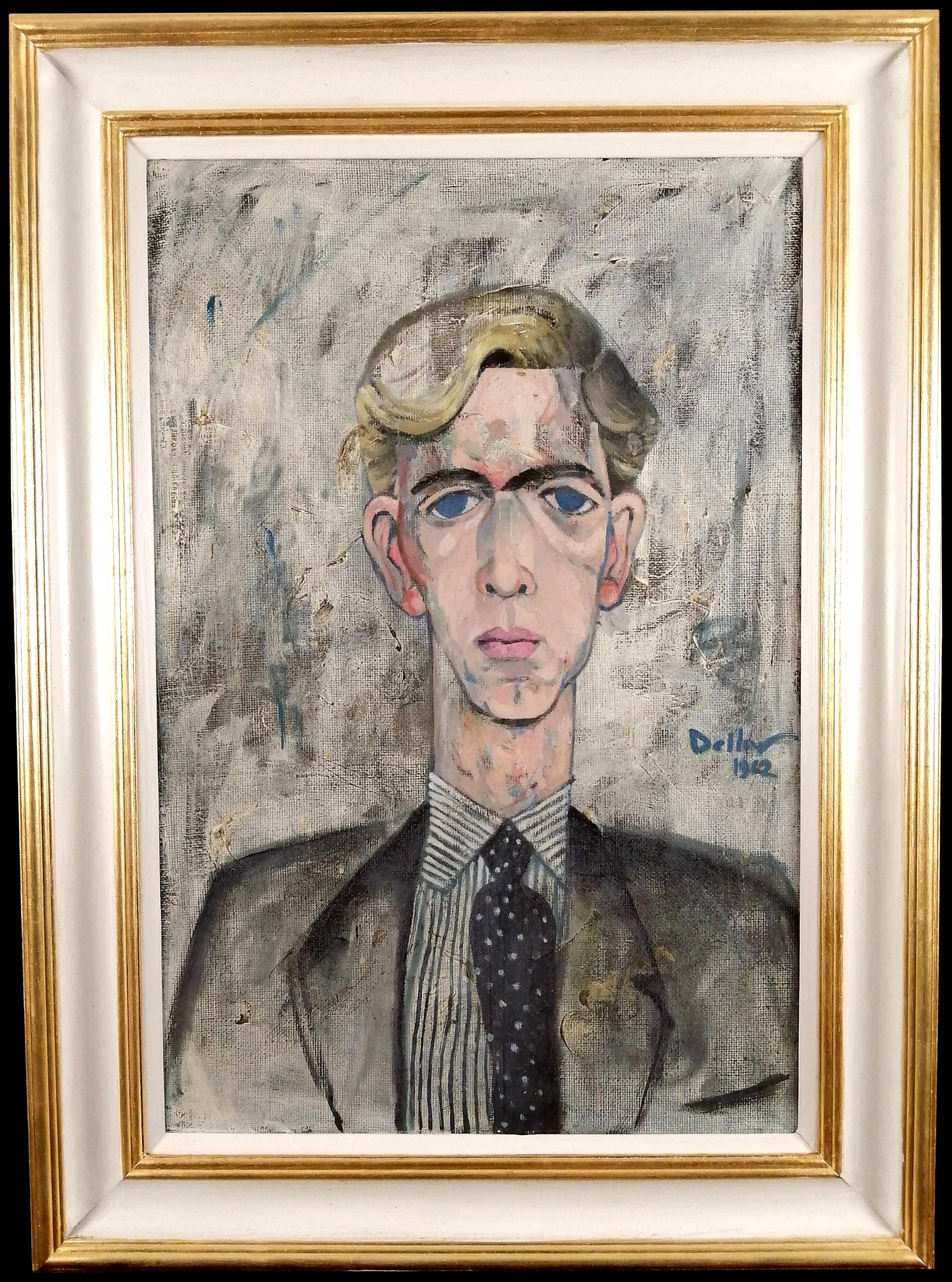 Figurative Painting de Mid 20th Century British School - Retrato de un hombre joven - Gran pintura figurativa Modern British al óleo sobre lienzo