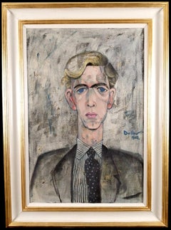 Ritratto di giovane uomo - Grande dipinto figurativo Modern British olio su tela