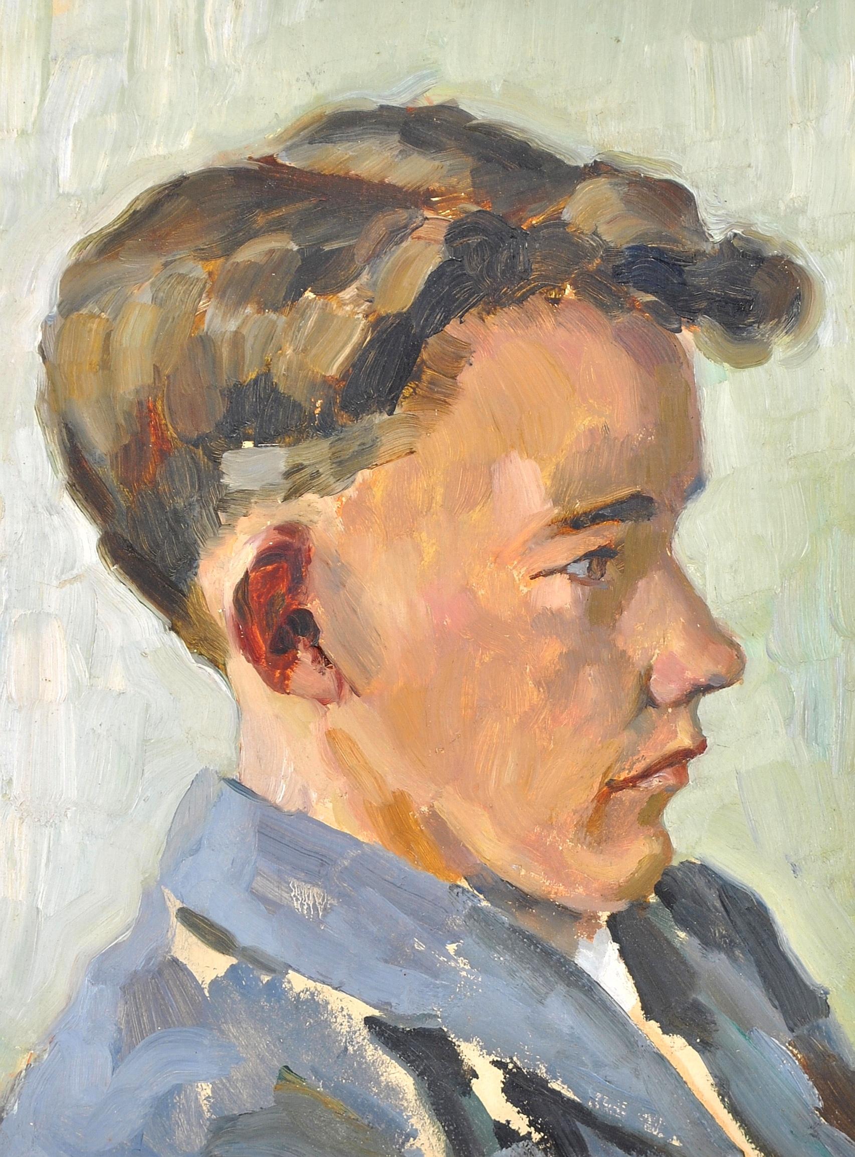 A beautiful 1950's Modern British oil on board portrait of a young man wearing a blue jacket. Excellent quality portrait which is presented in a beautiful painted and gilded reverse profile frame.

Artist: British School, 1950's
Title: Portrait of a