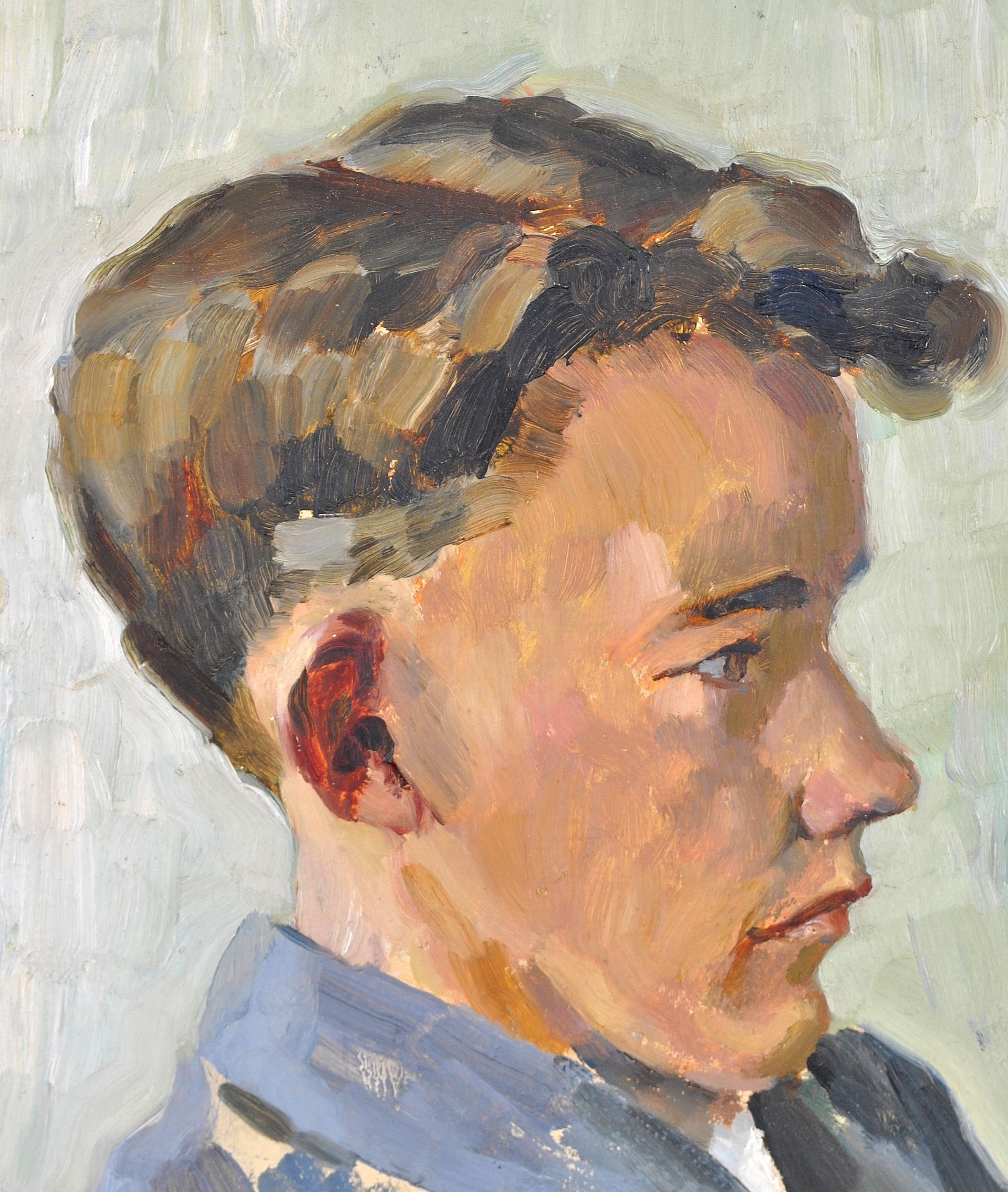 Portrait of a Young Man - Modern British Impressionist Oil on Board Painting For Sale 1