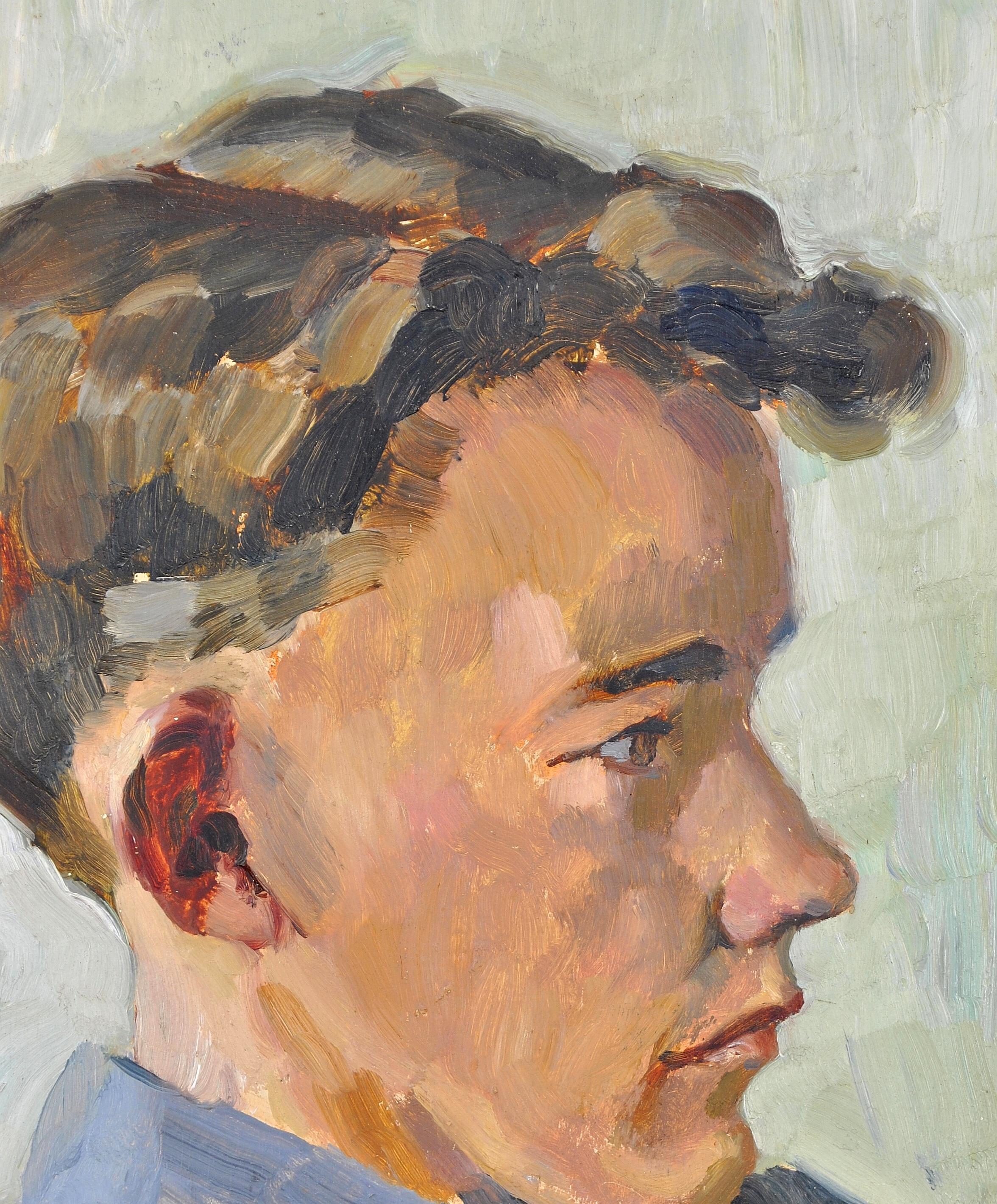 Portrait of a Young Man - Modern British Impressionist Oil on Board Painting For Sale 2