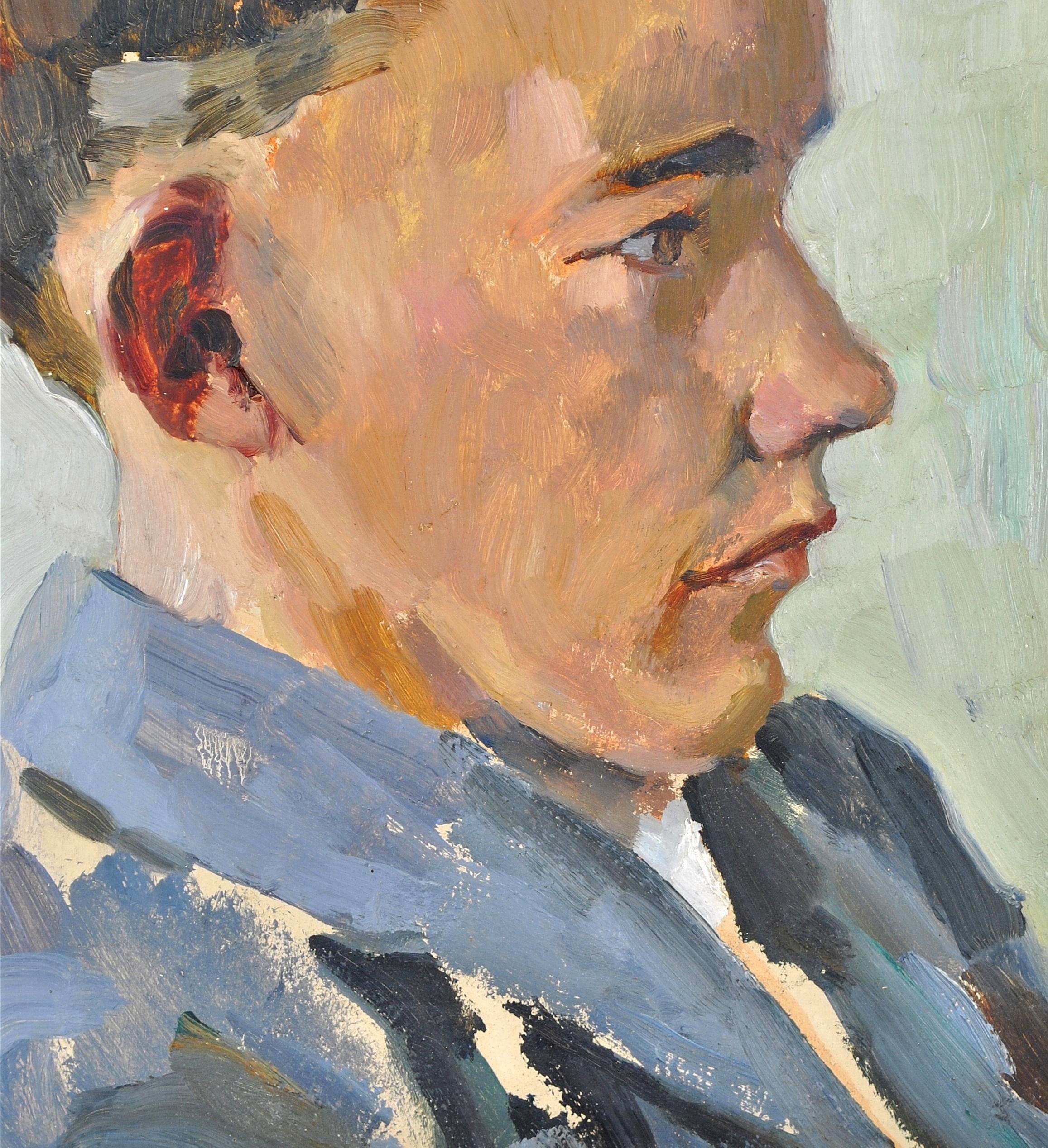 Portrait of a Young Man - Modern British Impressionist Oil on Board Painting For Sale 3