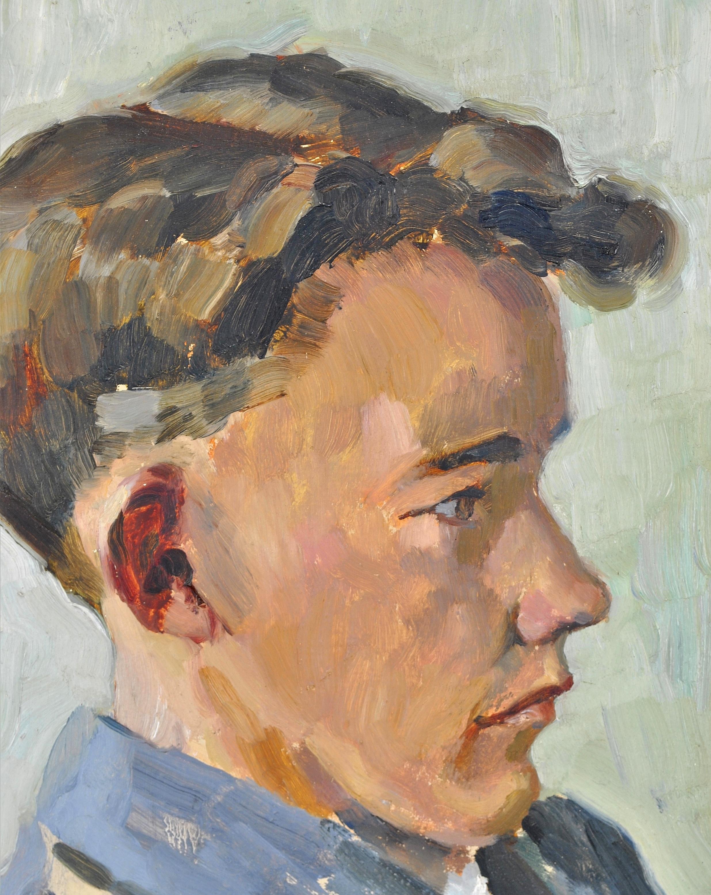 Portrait of a Young Man - Modern British Impressionist Oil on Board Painting For Sale 5