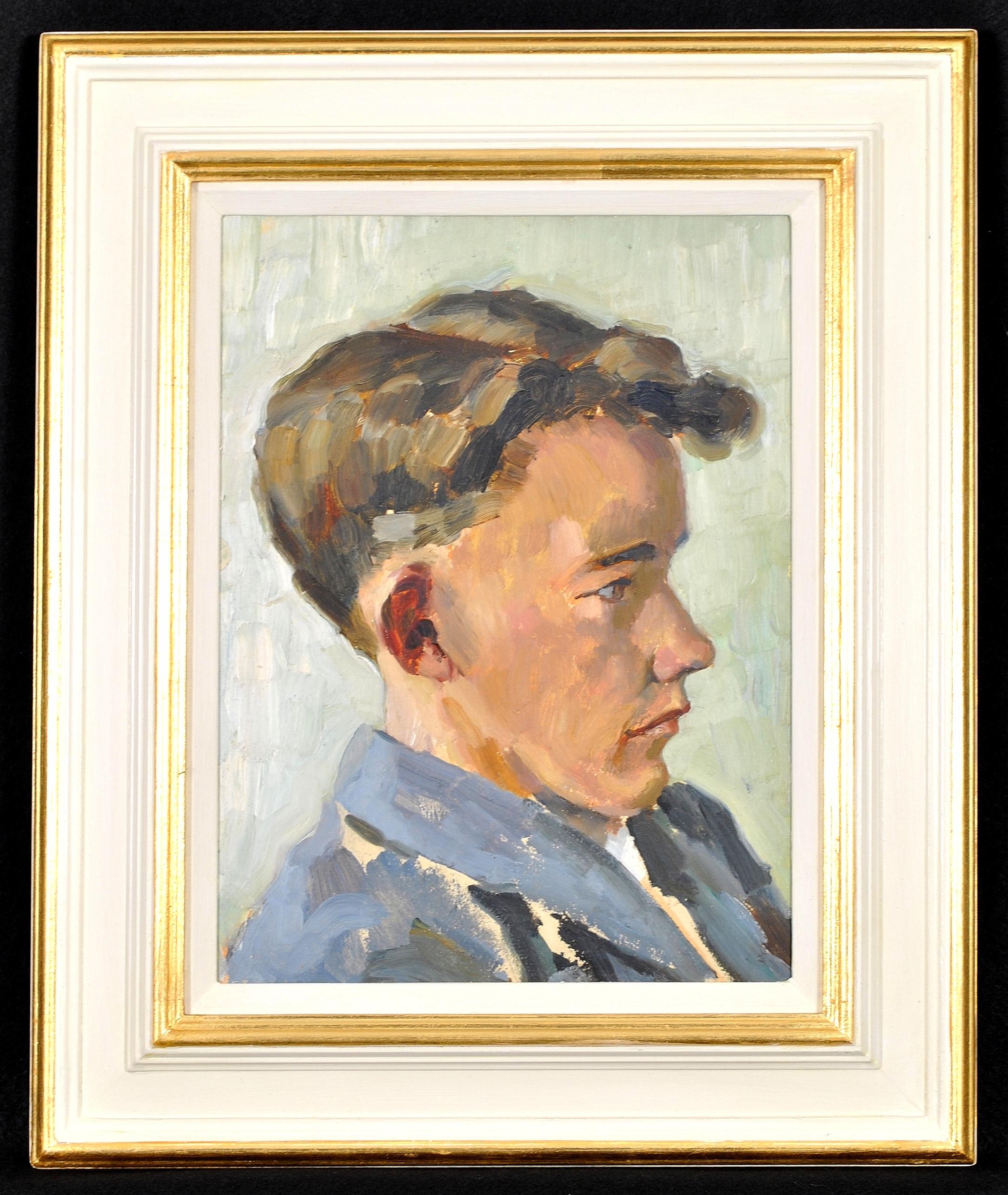 Portrait of a Young Man - Modern British Impressionist Oil on Board Painting For Sale 6