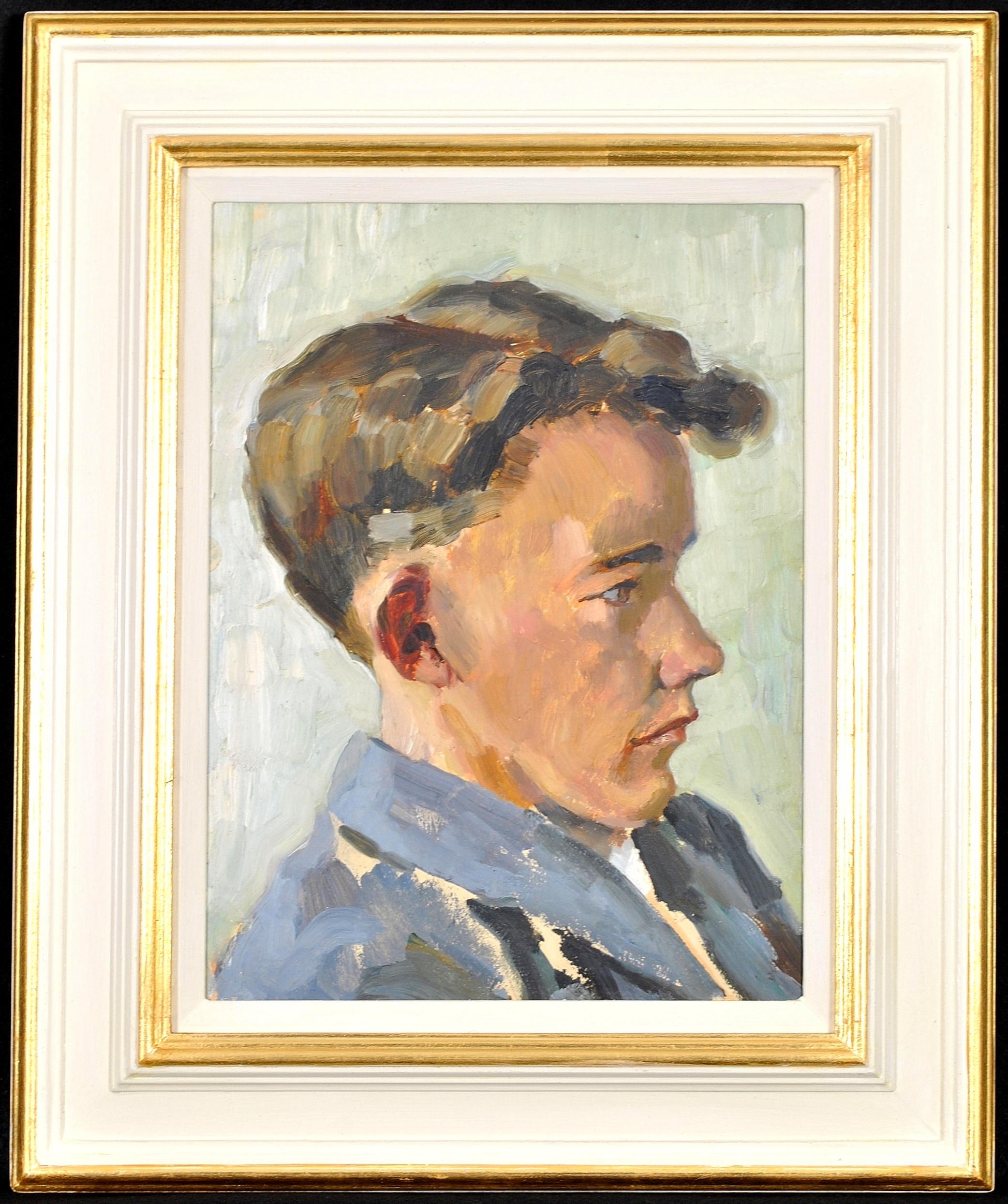 Mid 20th Century British School Portrait Painting - Portrait of a Young Man - Modern British Impressionist Oil on Board Painting
