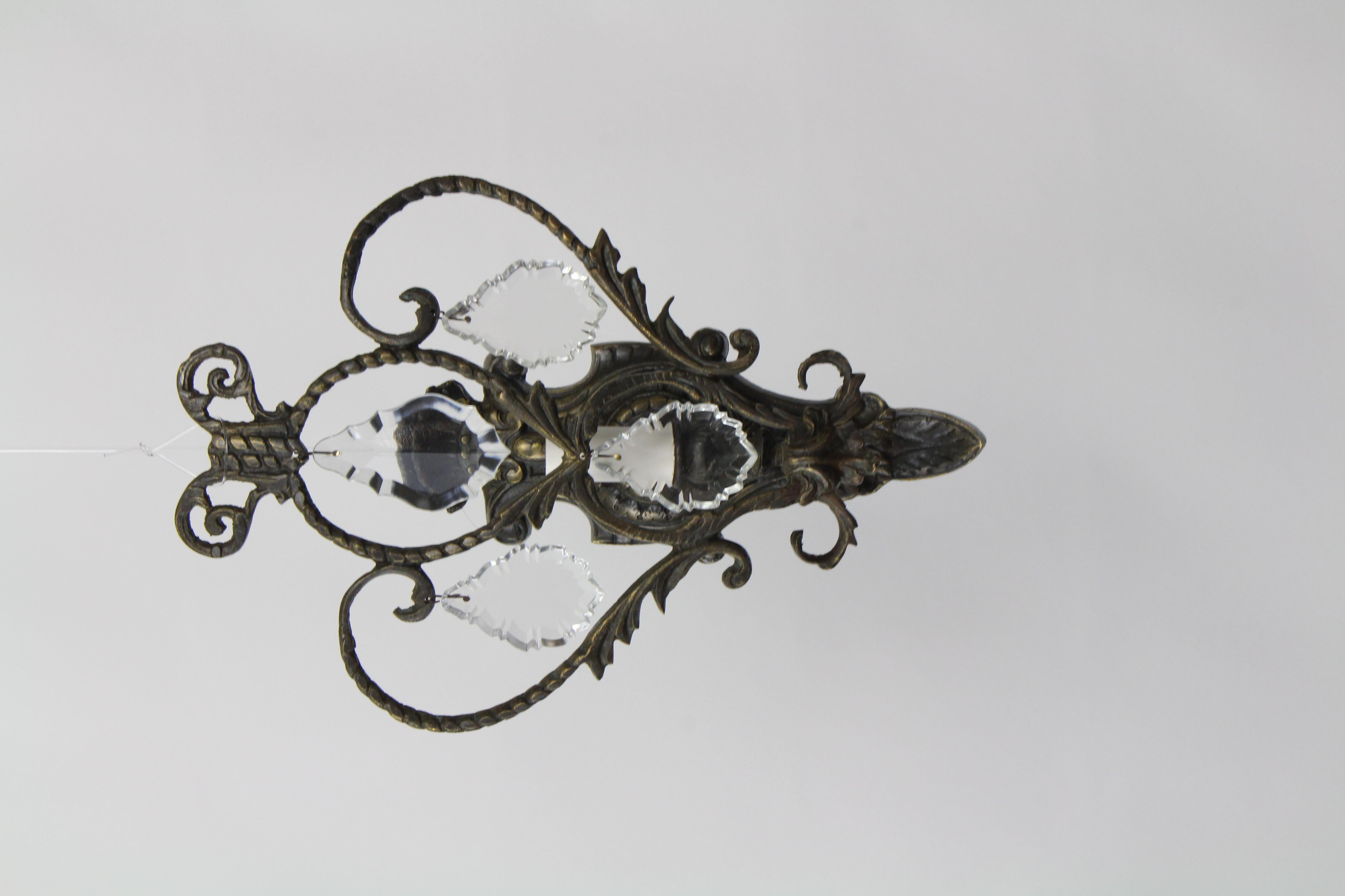 European Mid-20th Century Bronze and Crystal Sconces, a Pair