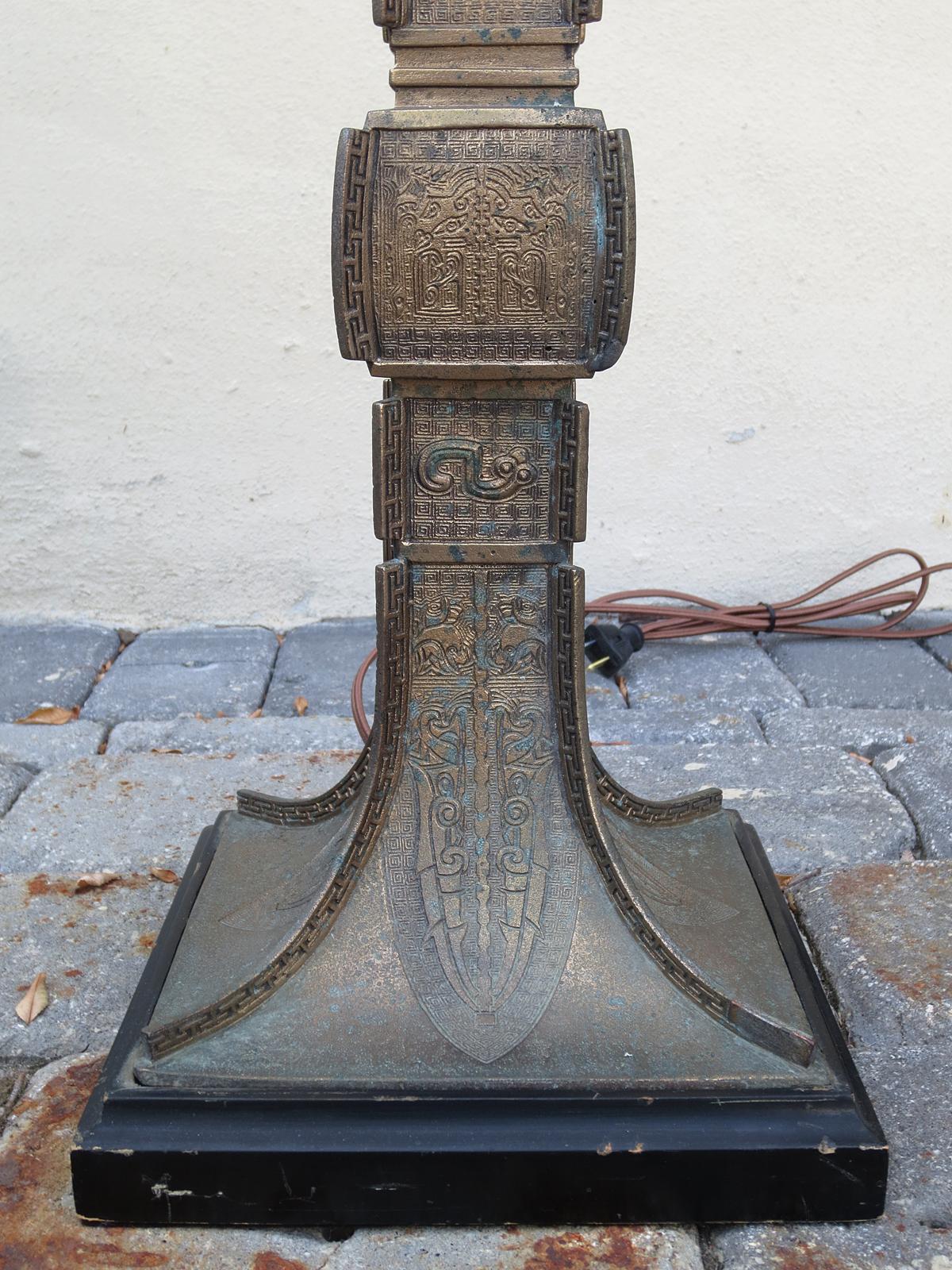 Mid-20th Century Bronze Archaic Lamp with Oriental Motif, Possibly Karl Springer For Sale 13