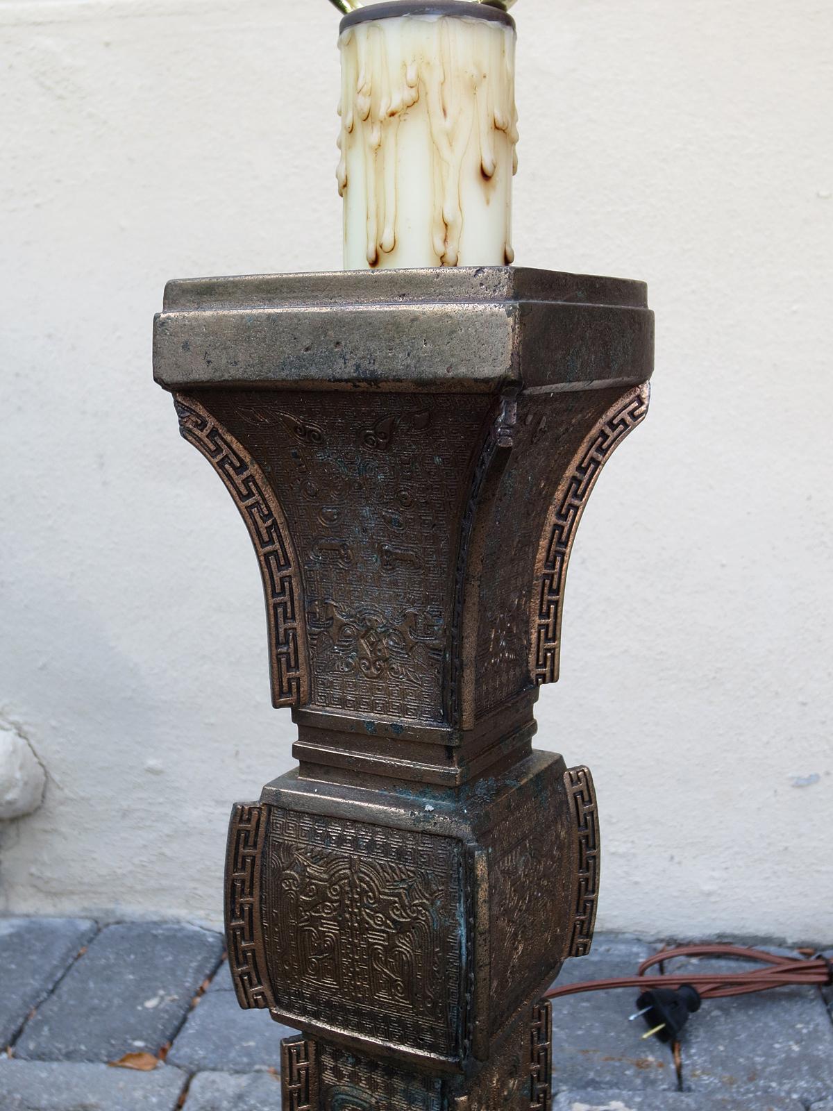 Mid-20th Century Bronze Archaic Lamp with Oriental Motif, Possibly Karl Springer For Sale 14