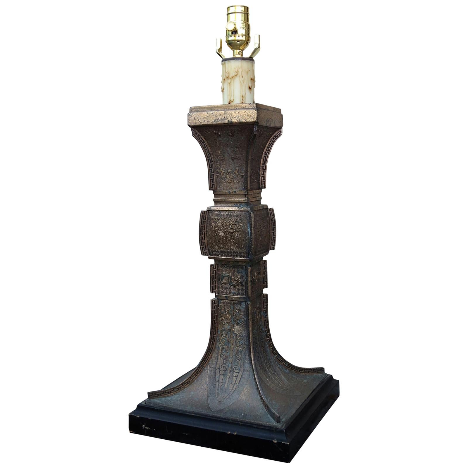 Mid-20th Century Bronze Archaic Lamp with Oriental Motif, Possibly Karl Springer For Sale
