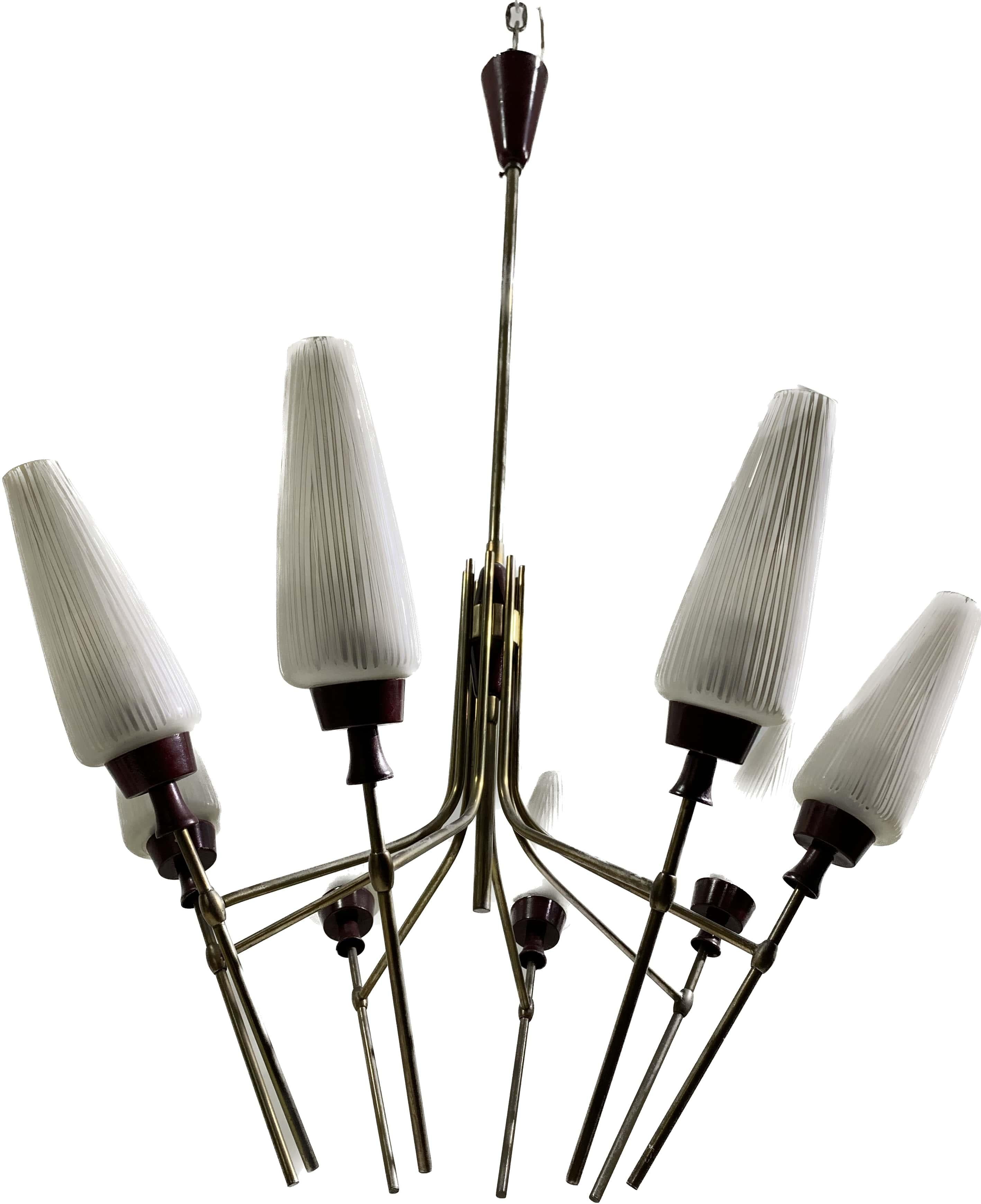 Mid-20th Century Bronze Chandelier with Glass Tulips For Sale 4
