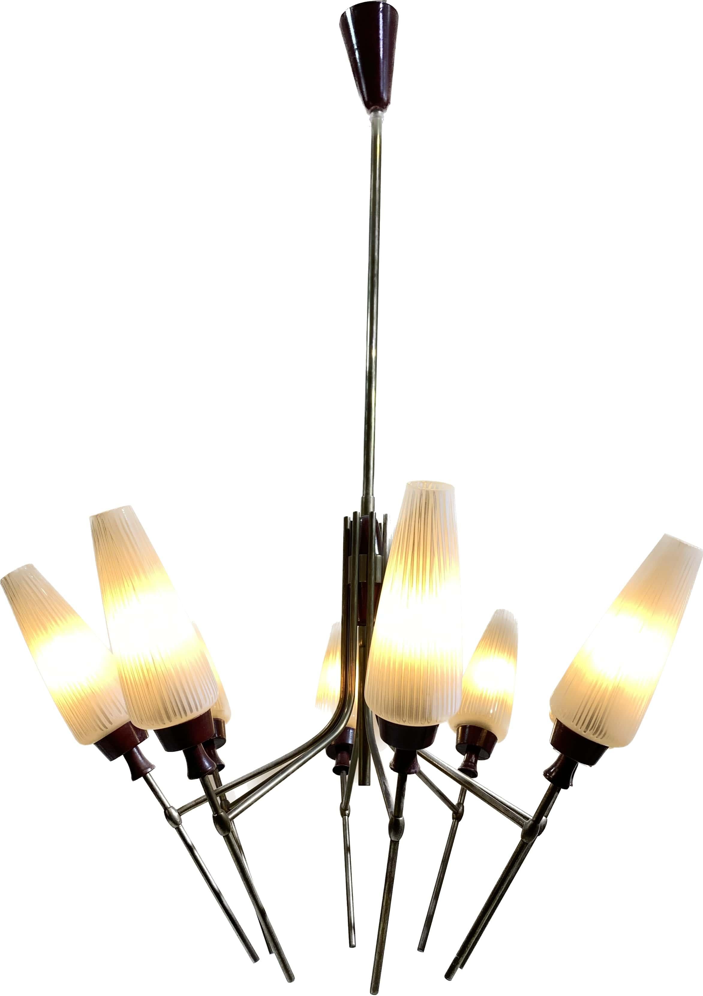 Mid-20th Century Bronze Chandelier with Glass Tulips For Sale 8