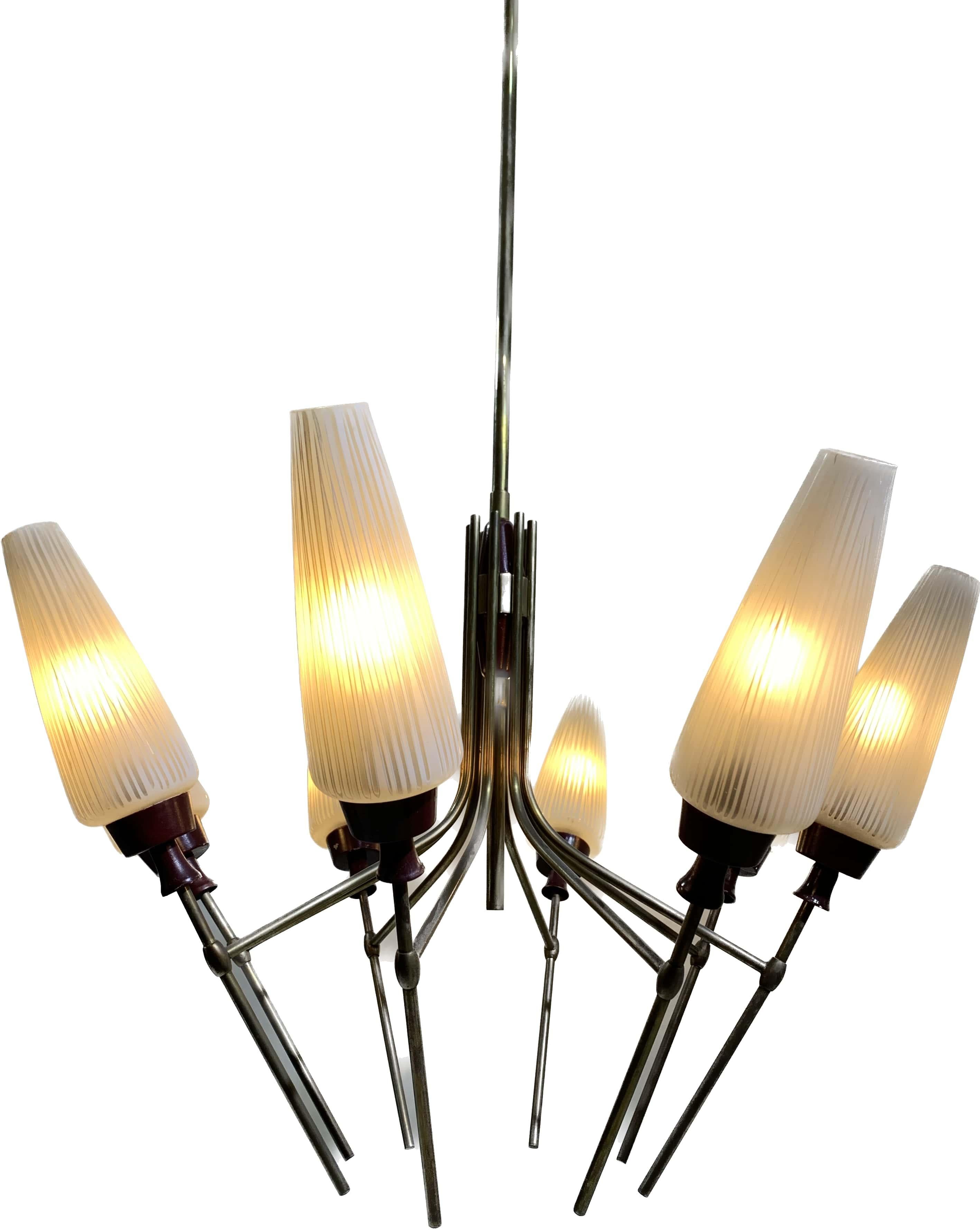 Mid-20th Century Bronze Chandelier with Glass Tulips For Sale 2