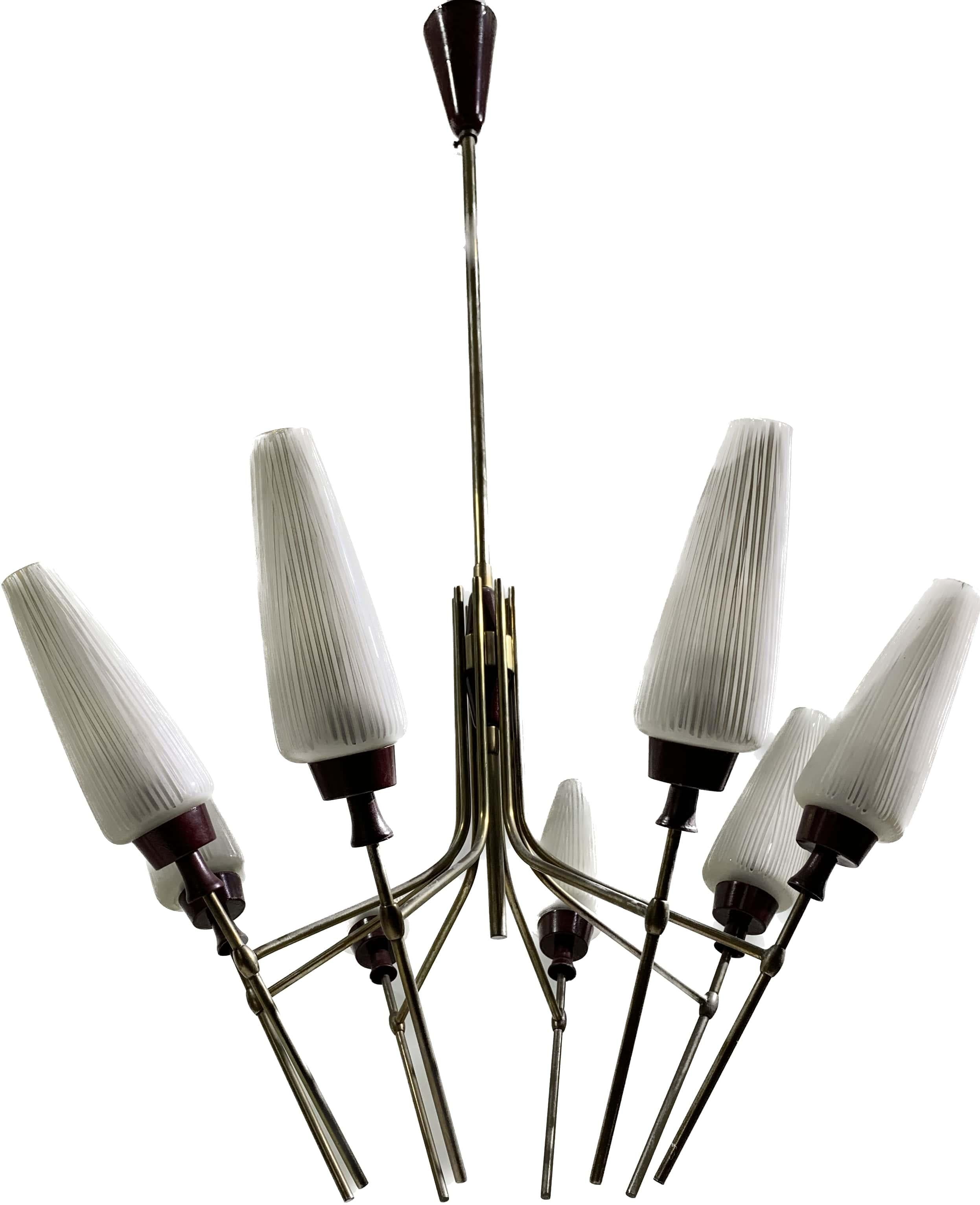 Mid-20th Century Bronze Chandelier with Glass Tulips For Sale 3