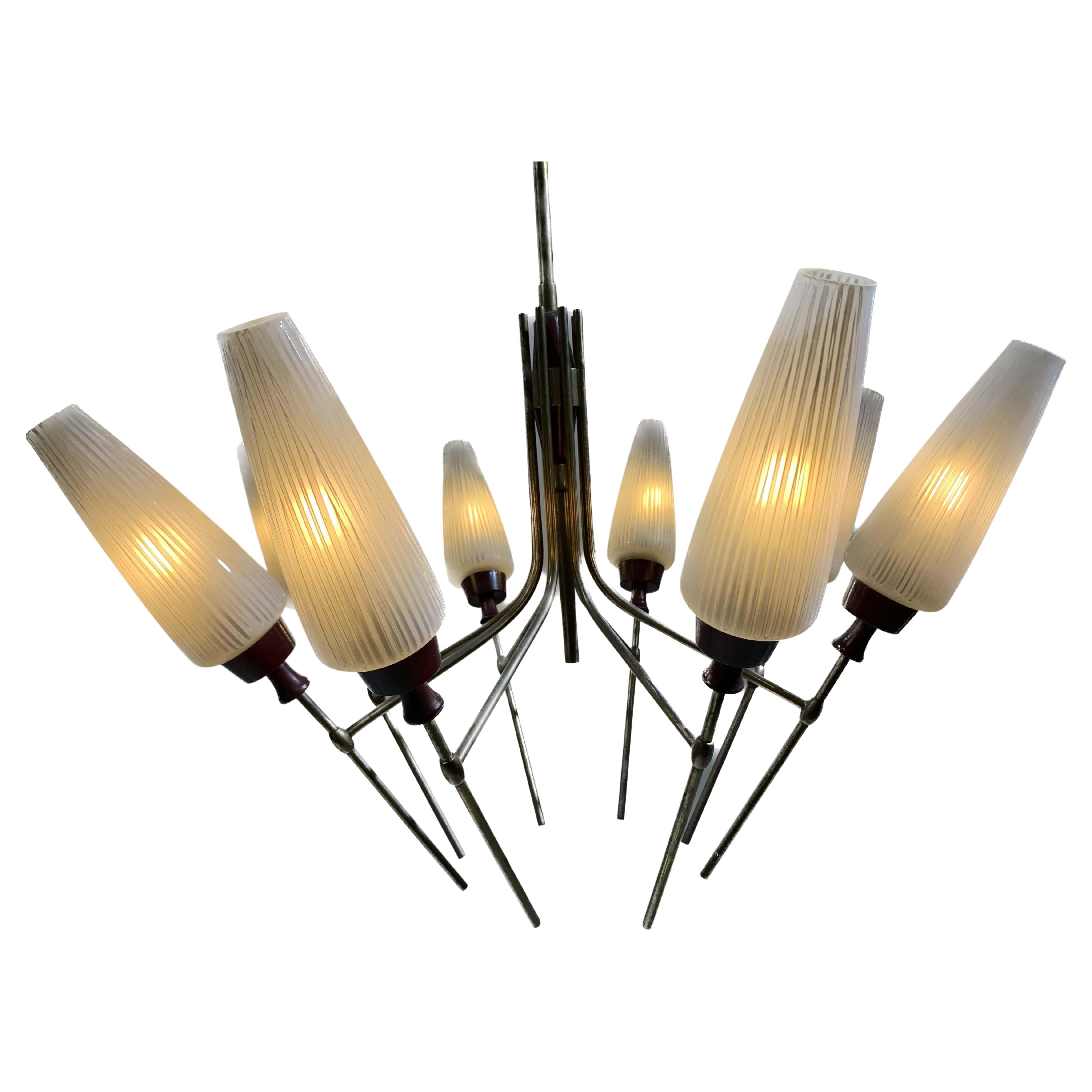 Mid-20th Century Bronze Chandelier with Glass Tulips