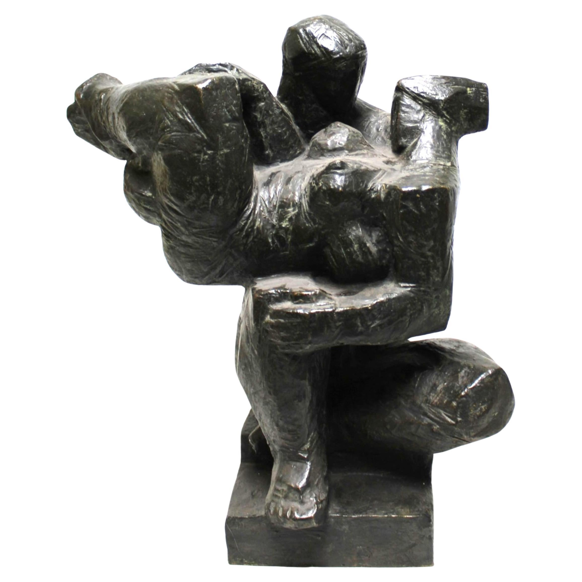 Mid 20th Century Bronze Man 
Woman Abstract Sculpture Signed M. HUDECEK 1967