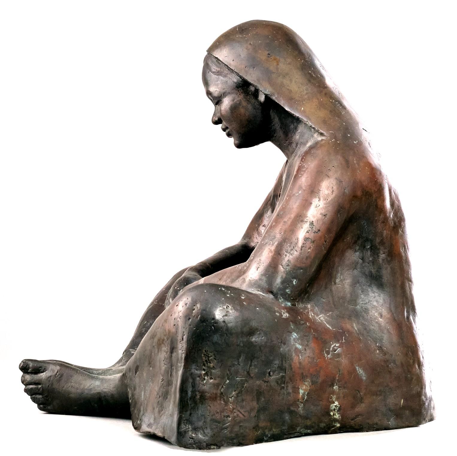 Cast A Large Mid 20th Century Bronze of a Seated Woman in a Shawl, Mexican School For Sale