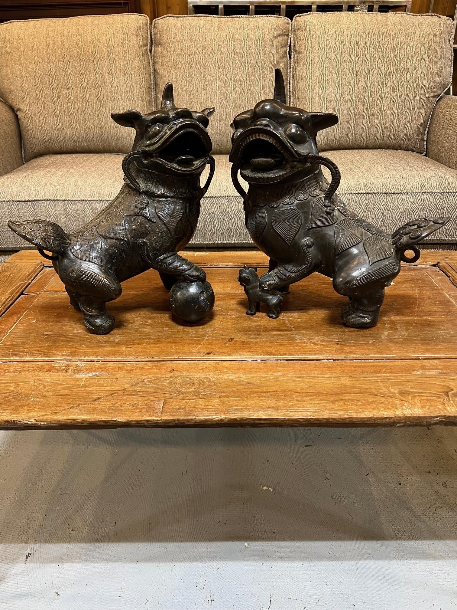 Dies ist ein schönes Paar von Bronze Foo Dogs mit einem männlichen und weiblichen mit Baby. Sie würden in einem Garten oder im Eingangsbereich Ihres Hauses oder Gartens großartig aussehen. Foo Dogs, die auch als Wächterlöwen bekannt sind,