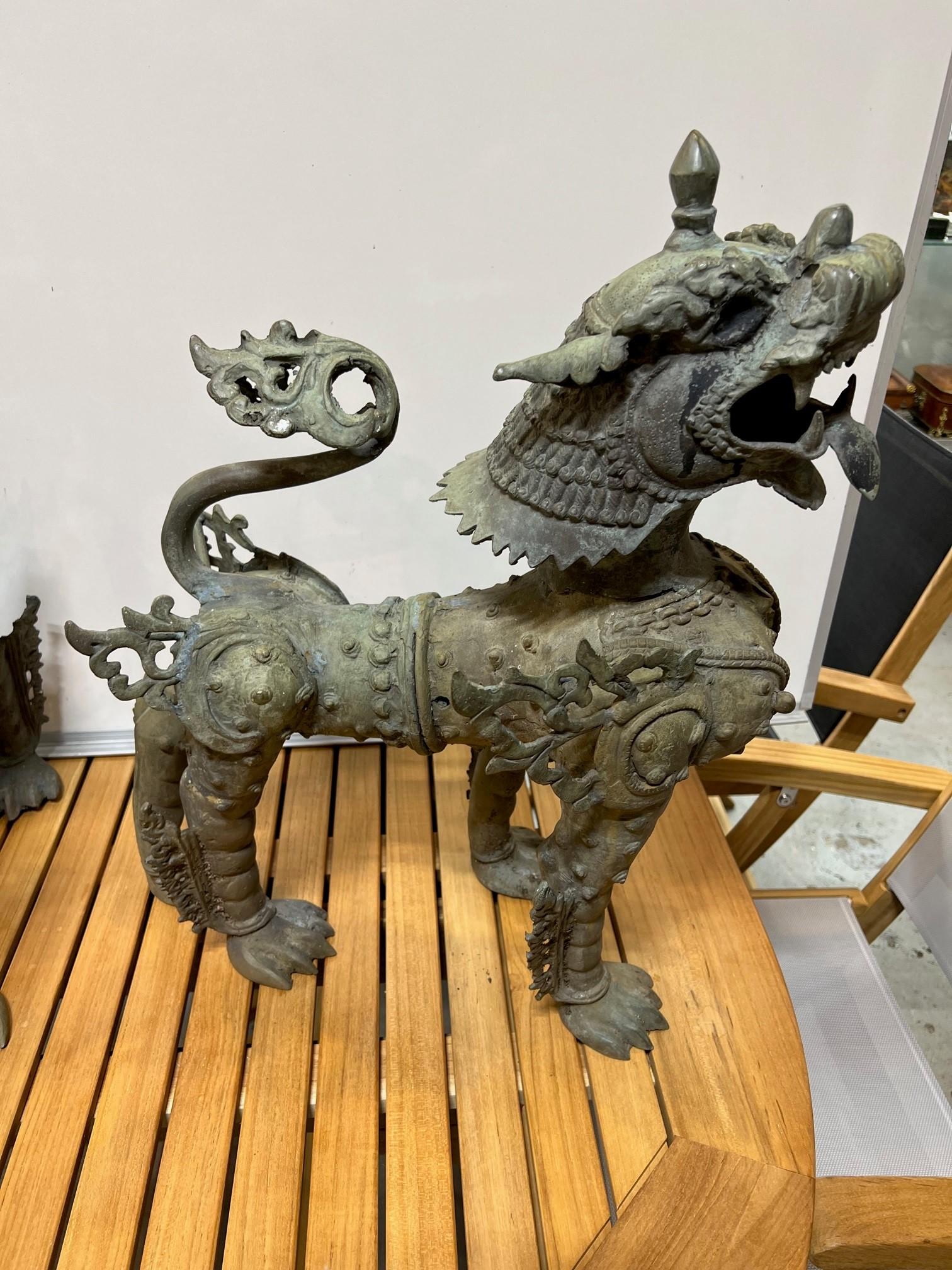 Mid 20th Century Bronze Pair of Foo Dogs or Tibetan Snow Lions in Full Armor    For Sale 6