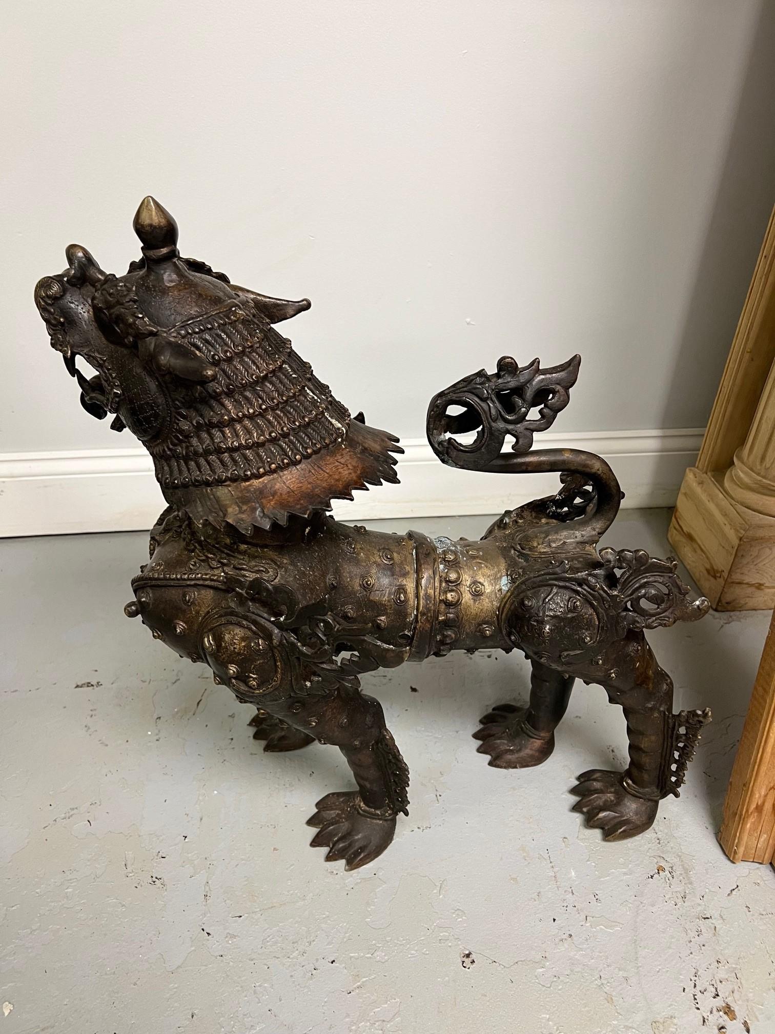 Mid 20th Century Bronze Pair of Foo Dogs or Tibetan Snow Lions in Full Armor  For Sale 6