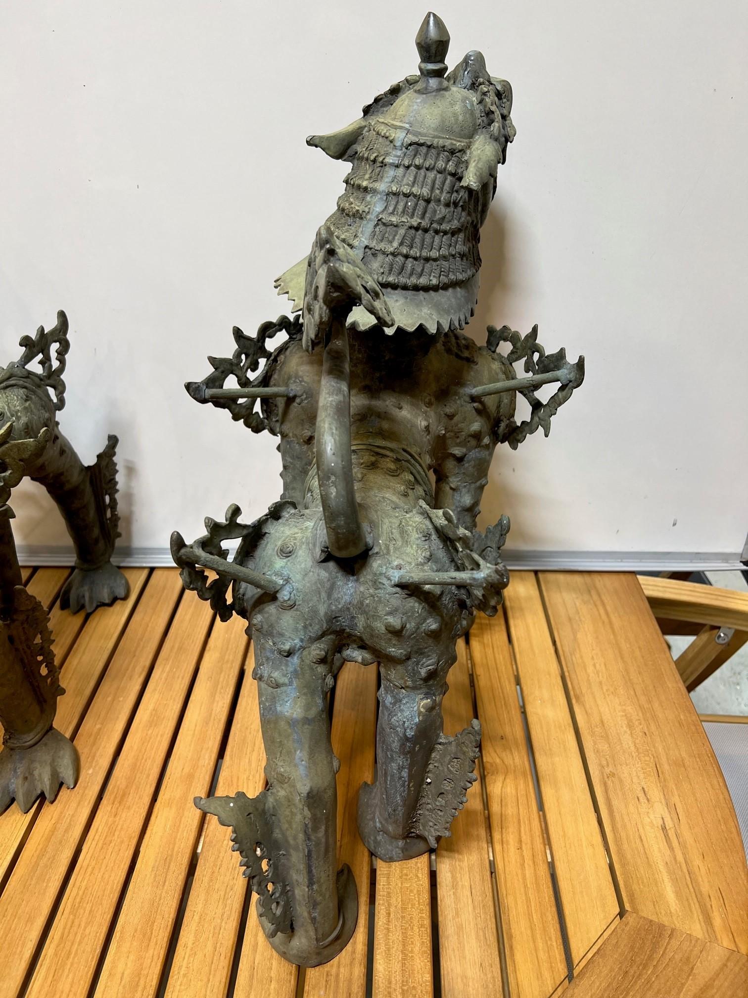 Mid 20th Century Bronze Pair of Foo Dogs or Tibetan Snow Lions in Full Armor    For Sale 7