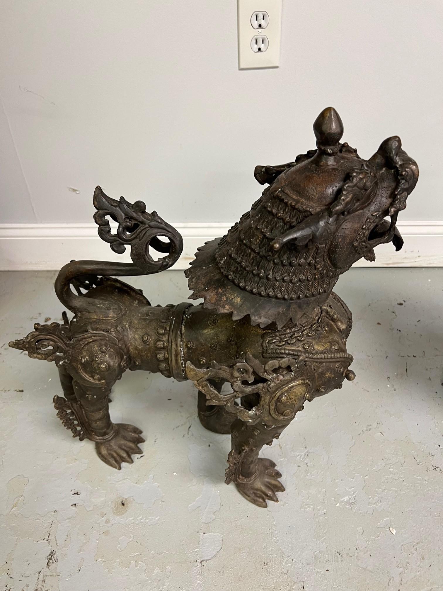 Mid 20th Century Bronze Pair of Foo Dogs or Tibetan Snow Lions in Full Armor  For Sale 7