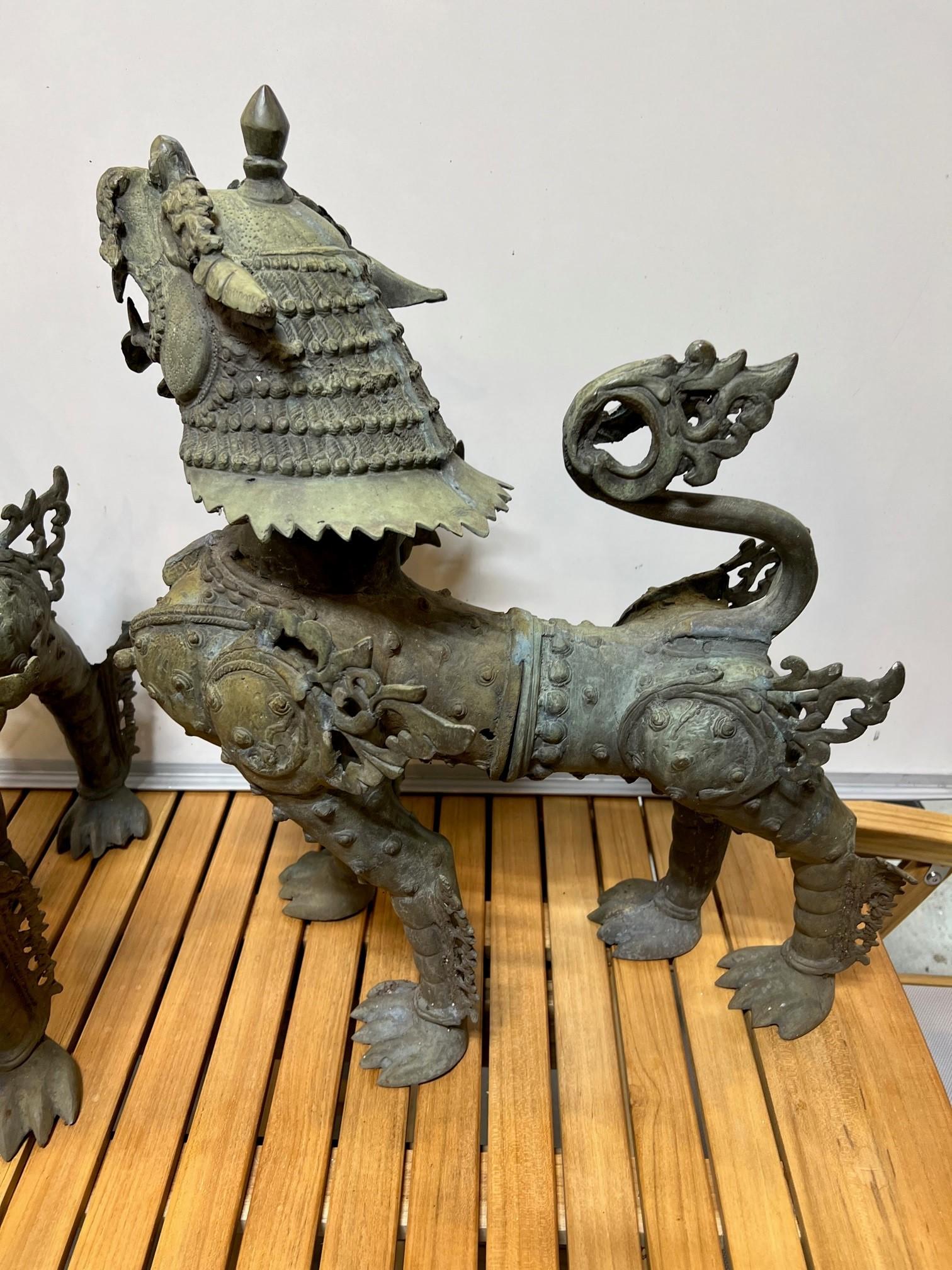 Mid 20th Century Bronze Pair of Foo Dogs or Tibetan Snow Lions in Full Armor    For Sale 8